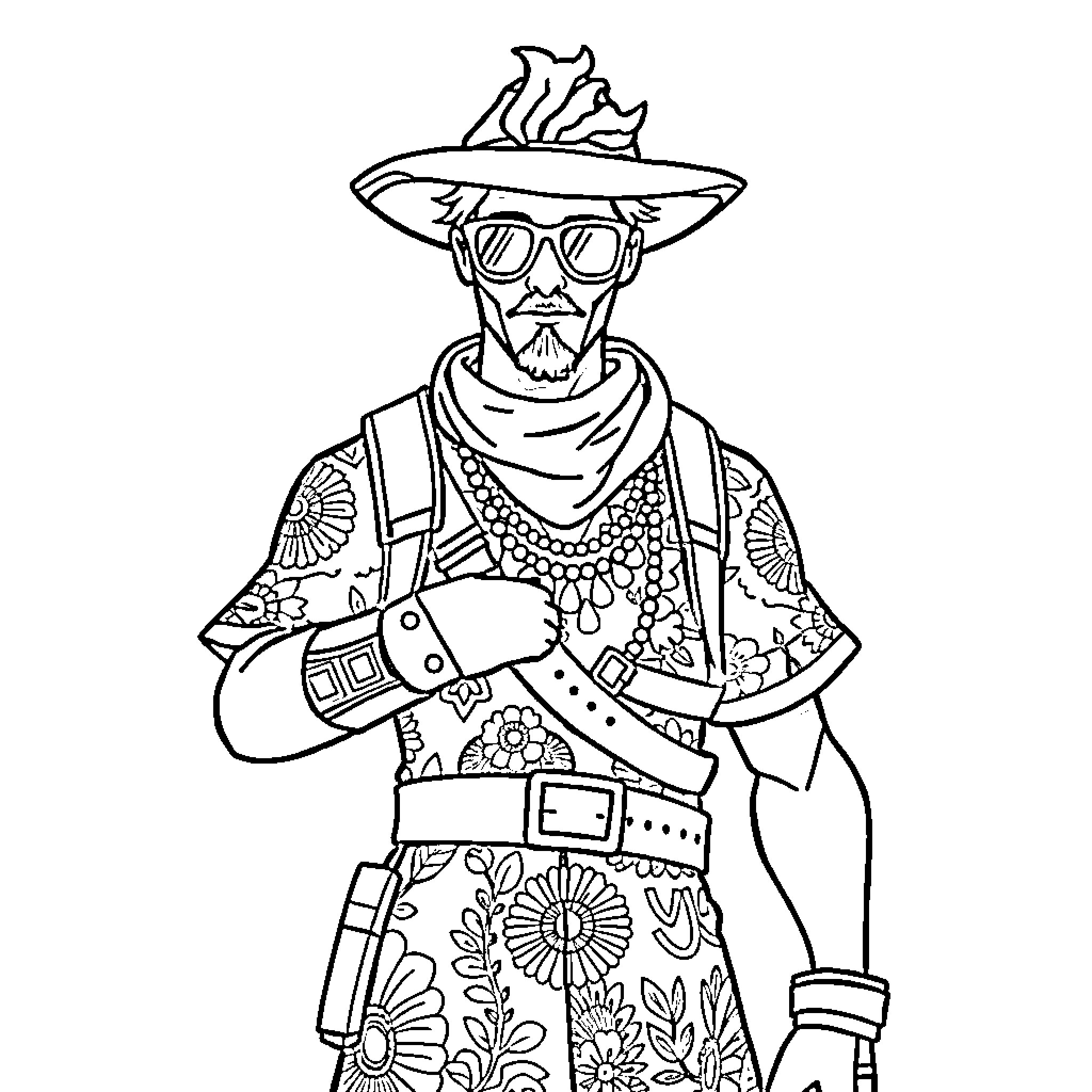 Fortnite Skin of Cowboy with Floral Outfit Coloring Page (free black-and-white line drawing printable PDF for all, from beginners to advanced learners, including children, teens, adults, and seniors)