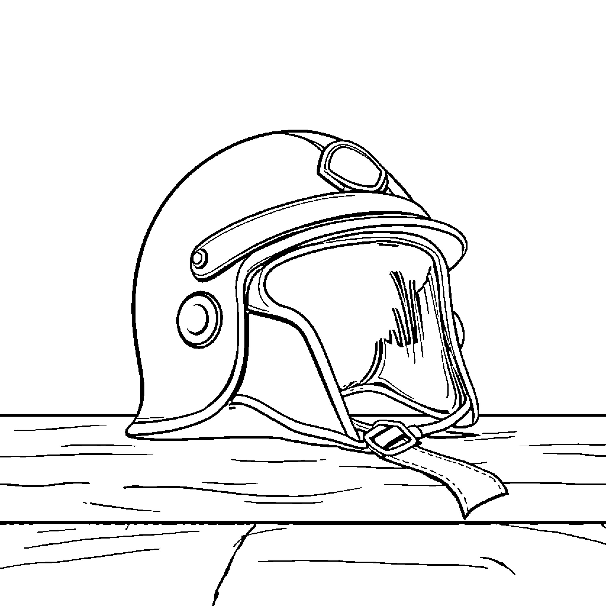 Military Helmet on Wooden Surface Coloring Page (free black-and-white line drawing printable PDF for all, from beginners to advanced learners, including children, teens, adults, and seniors)
