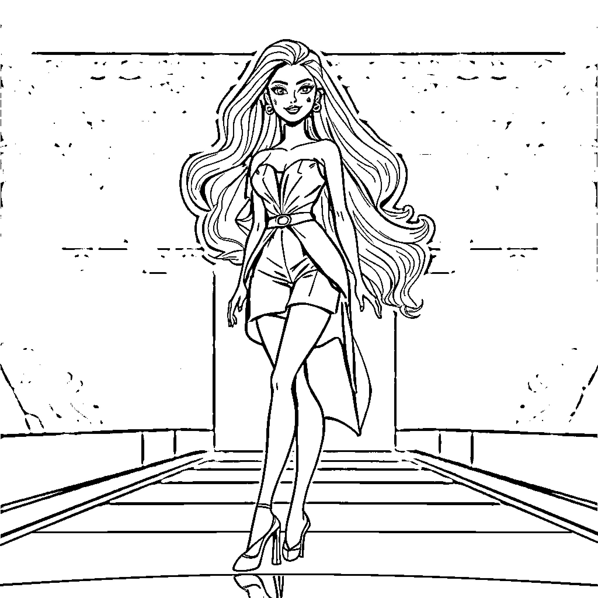 Barbie strutting confidently on the runway Coloring Page (free black-and-white line drawing printable PDF for all, from beginners to advanced learners, including children, teens, adults, and seniors)