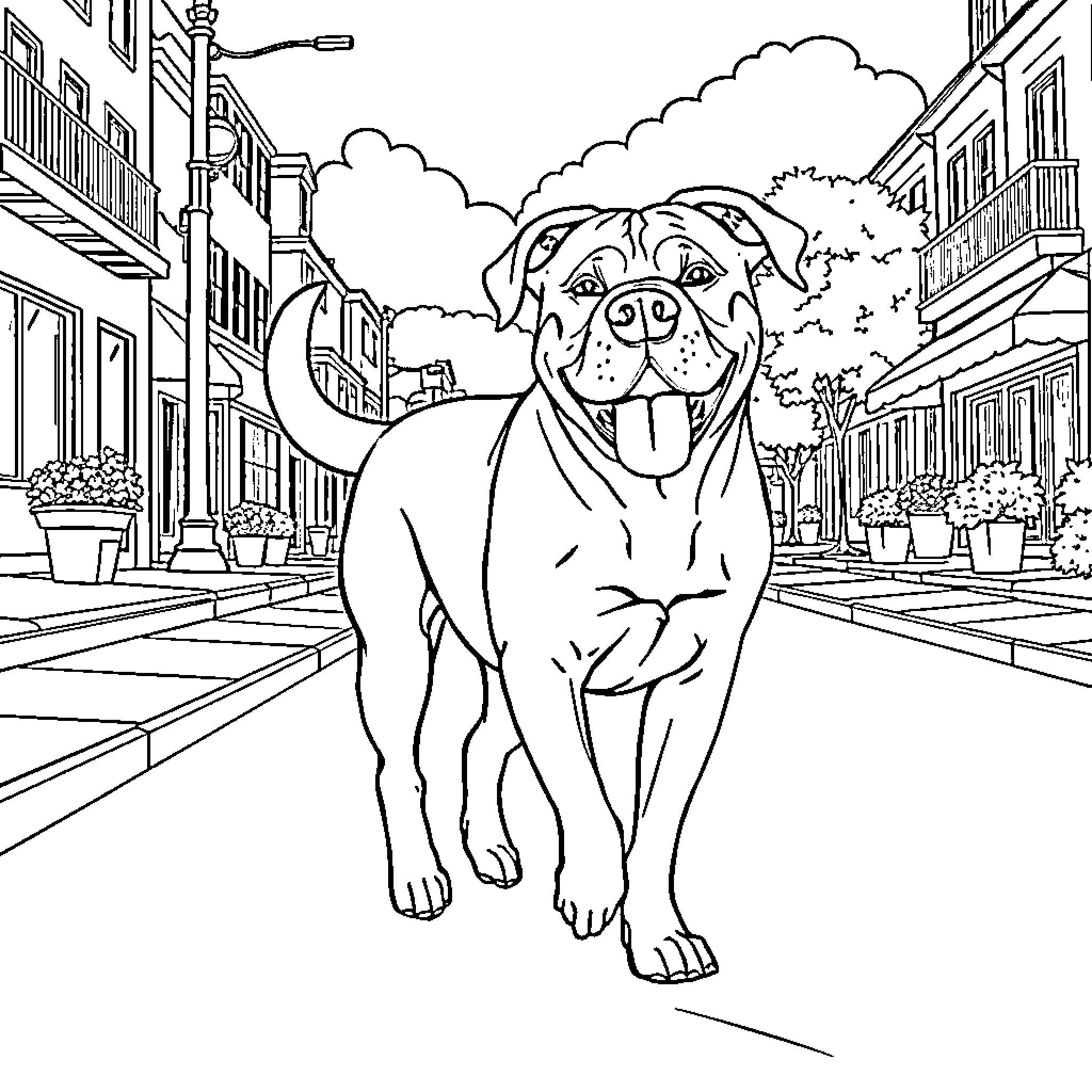 Dog enjoying a stroll through the city Coloring Page (free black-and-white line drawing printable PDF for all, from beginners to advanced learners, including children, teens, adults, and seniors)