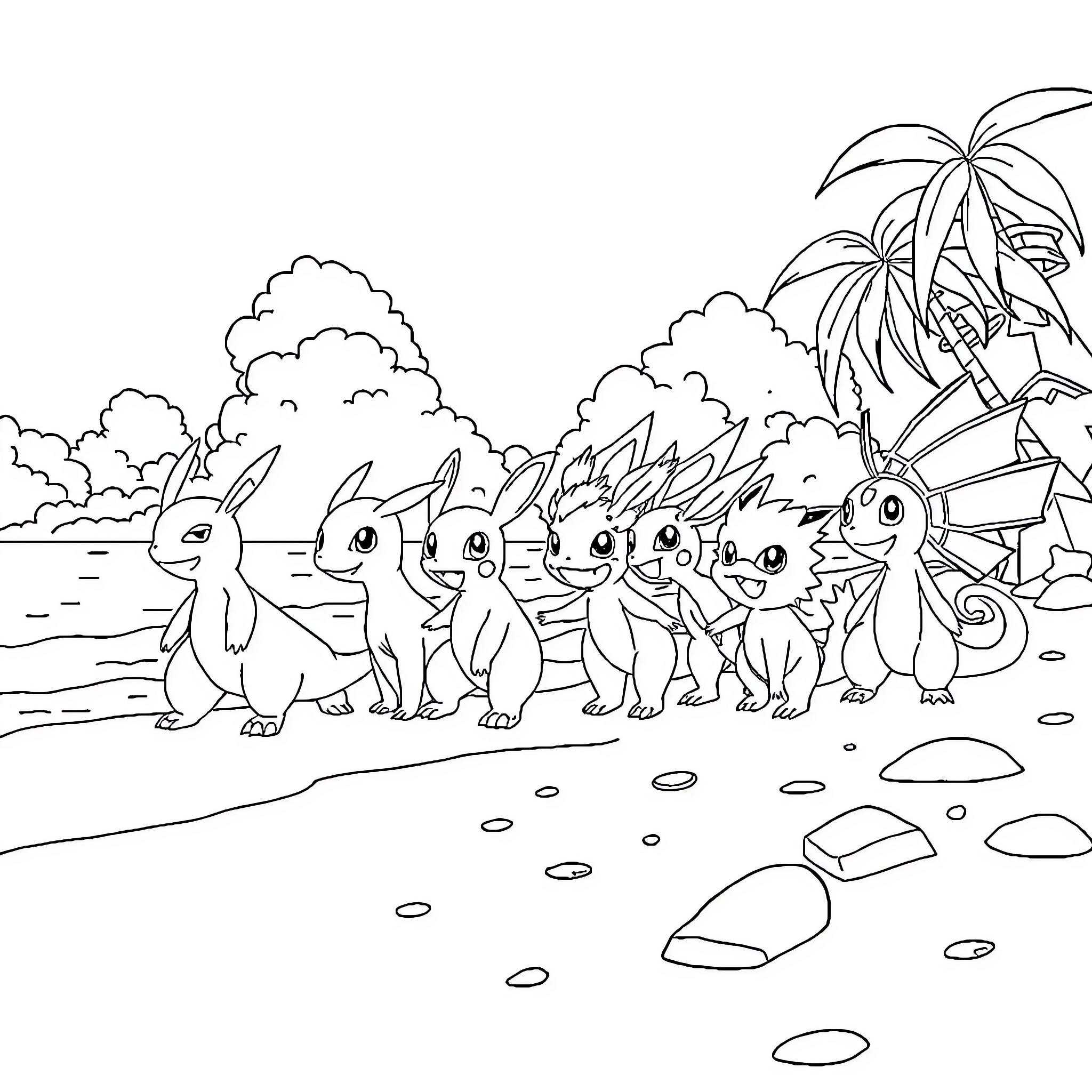 Pokémon characters in a tropical setting Coloring Page (free black-and-white line drawing printable PDF for all, from beginners to advanced learners, including children, teens, adults, and seniors)