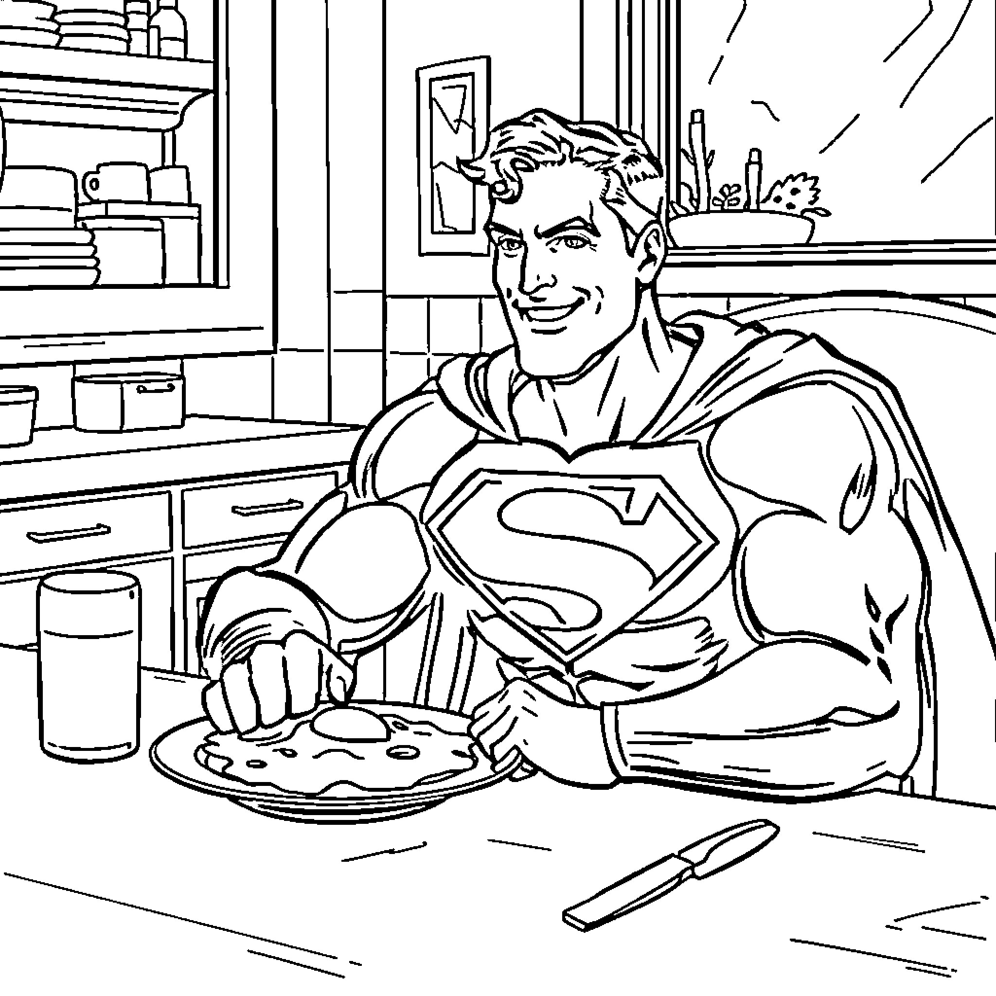 Superman enjoying a hearty meal in his kitchen Coloring Page (free black-and-white line drawing printable PDF for all, from beginners to advanced learners, including children, teens, adults, and seniors)