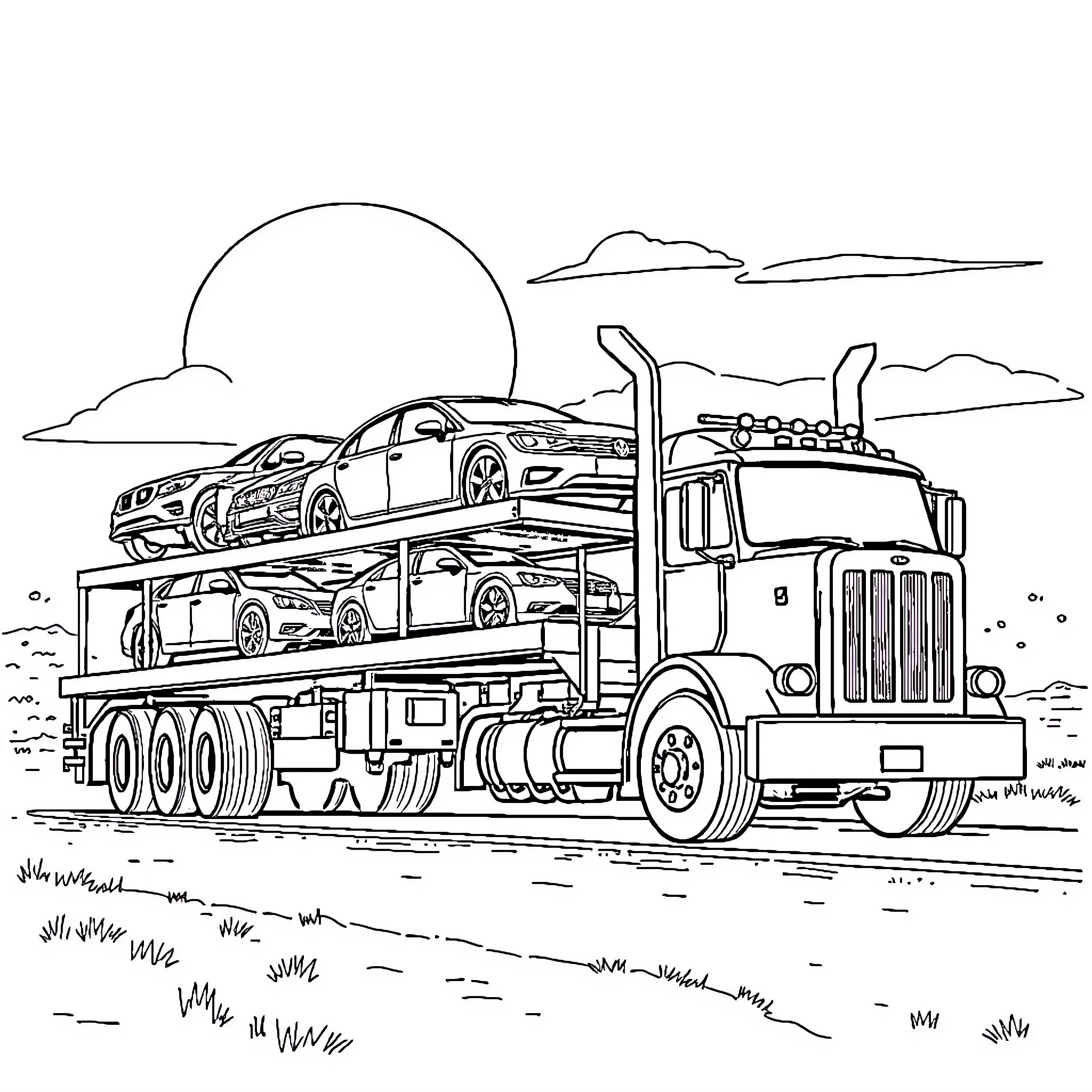 Truck transporting various vehicles on the road Coloring Page (free black-and-white line drawing printable PDF for all, from beginners to advanced learners, including children, teens, adults, and seniors)