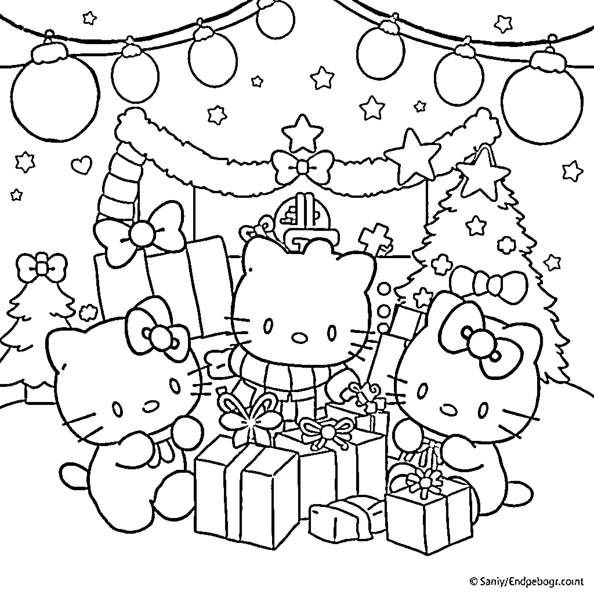 Sanrio Characters Celebrating the Holidays Coloring Page (free black-and-white line drawing printable PDF for all, from beginners to advanced learners, including children, teens, adults, and seniors)