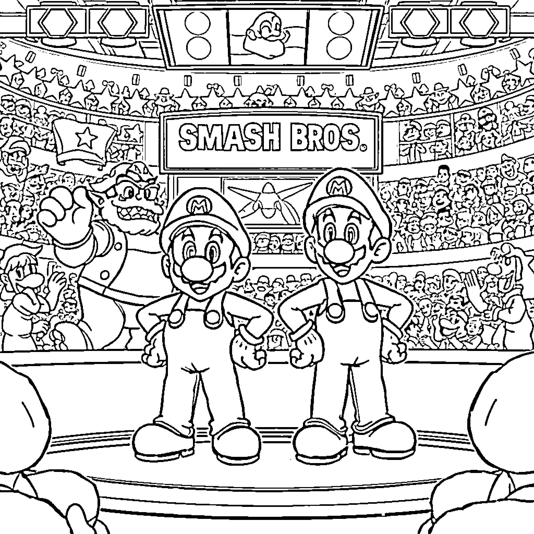 Mario and Luigi in a Smash Bros. arena Coloring Page (free black-and-white line drawing printable PDF for all, from beginners to advanced learners, including children, teens, adults, and seniors)