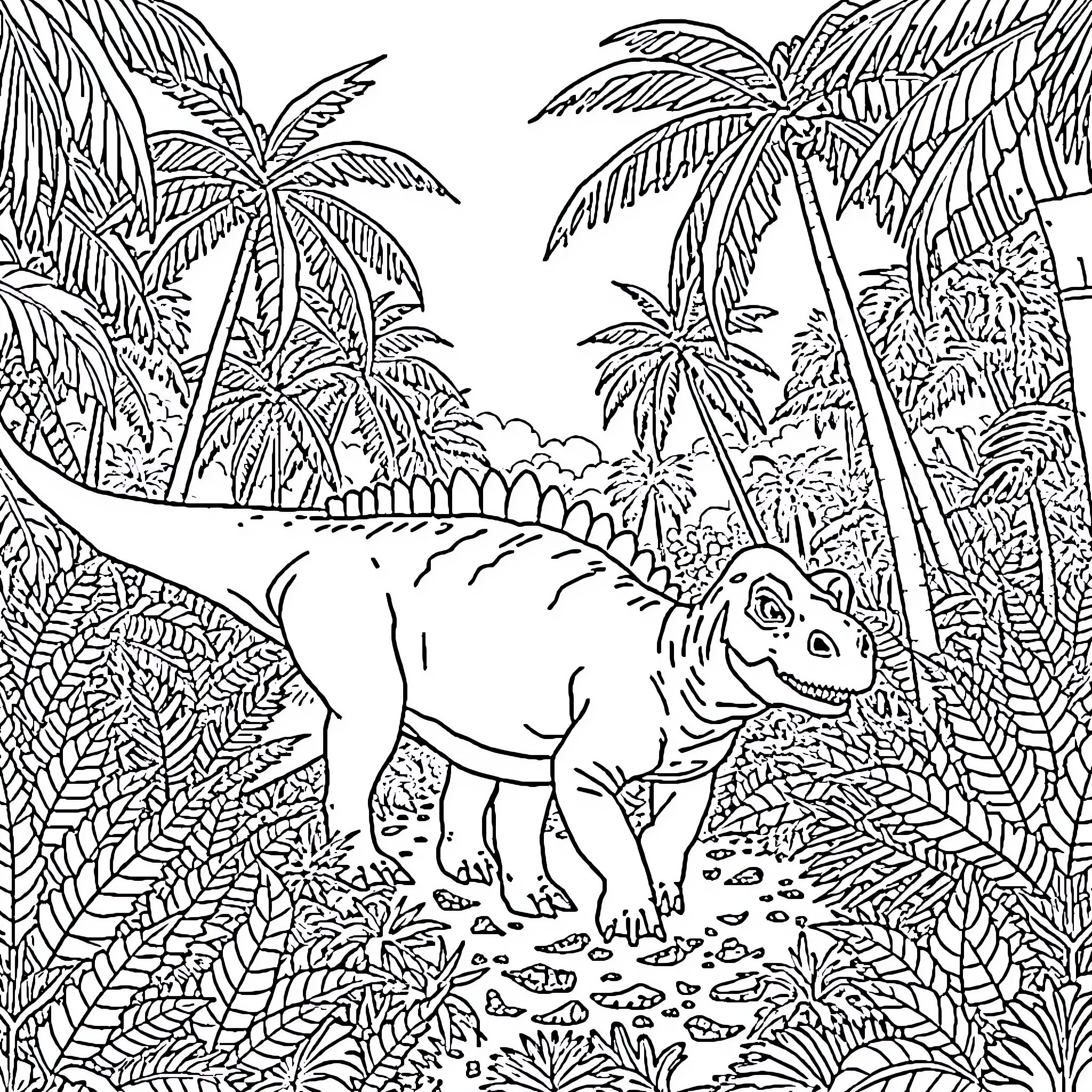 Dinosaur exploring lush tropical landscape Coloring Page (free black-and-white line drawing printable PDF for all, from beginners to advanced learners, including children, teens, adults, and seniors)