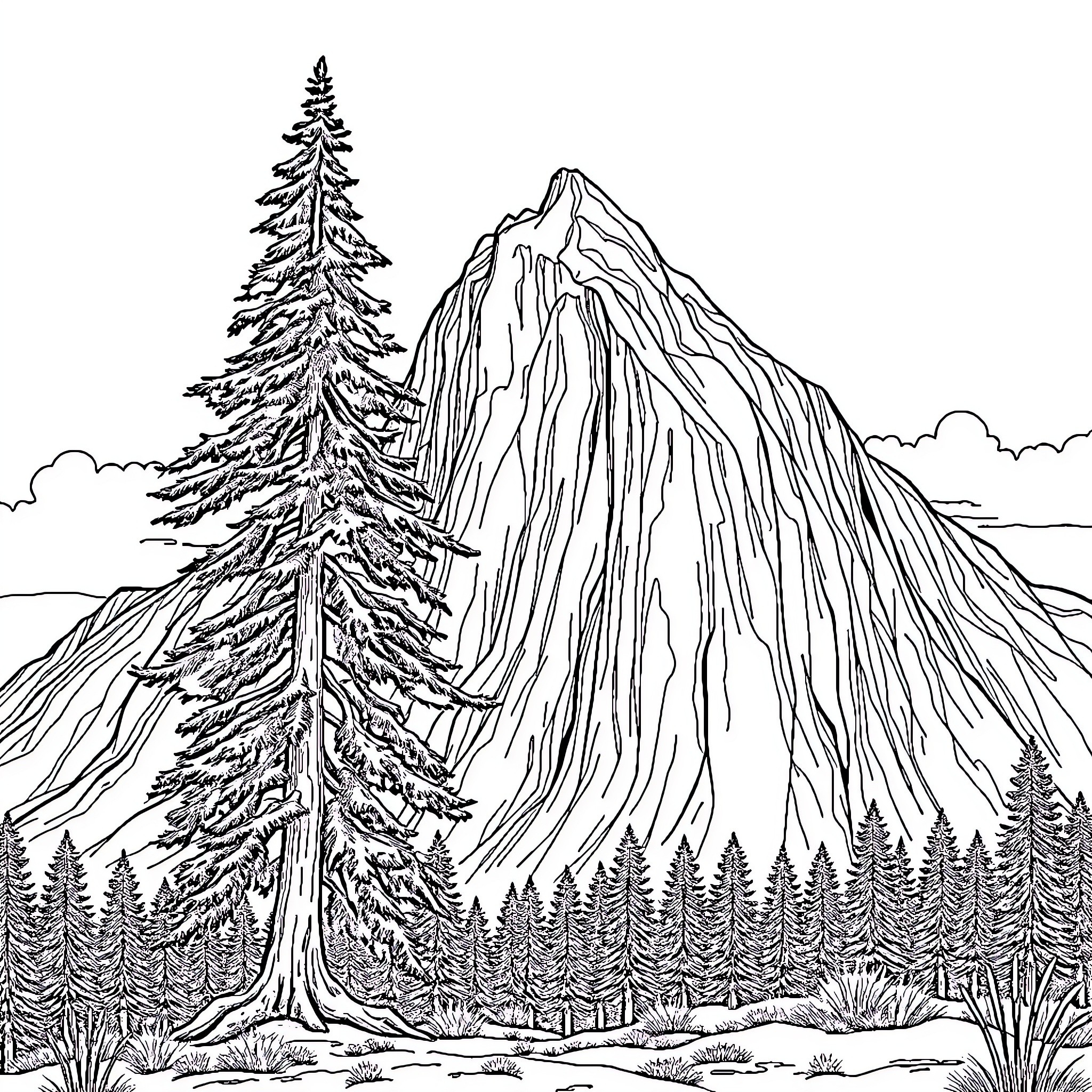 Tree in the wilderness near majestic mountains Coloring Page (free black-and-white line drawing printable PDF for all, from beginners to advanced learners, including children, teens, adults, and seniors)