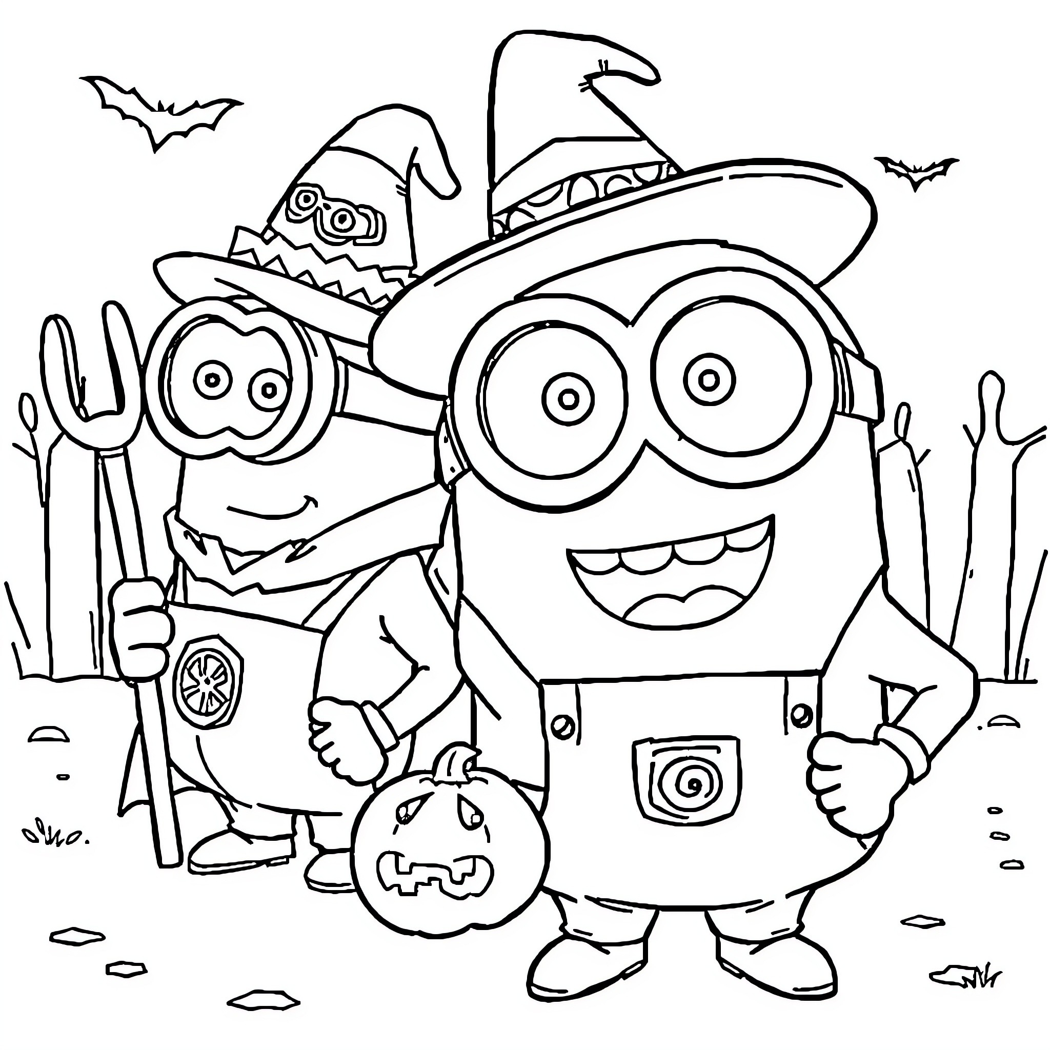 Minion Celebrating Halloween with Pumpkin and Bats Coloring Page (free black-and-white line drawing printable PDF for all, from beginners to advanced learners, including children, teens, adults, and seniors)
