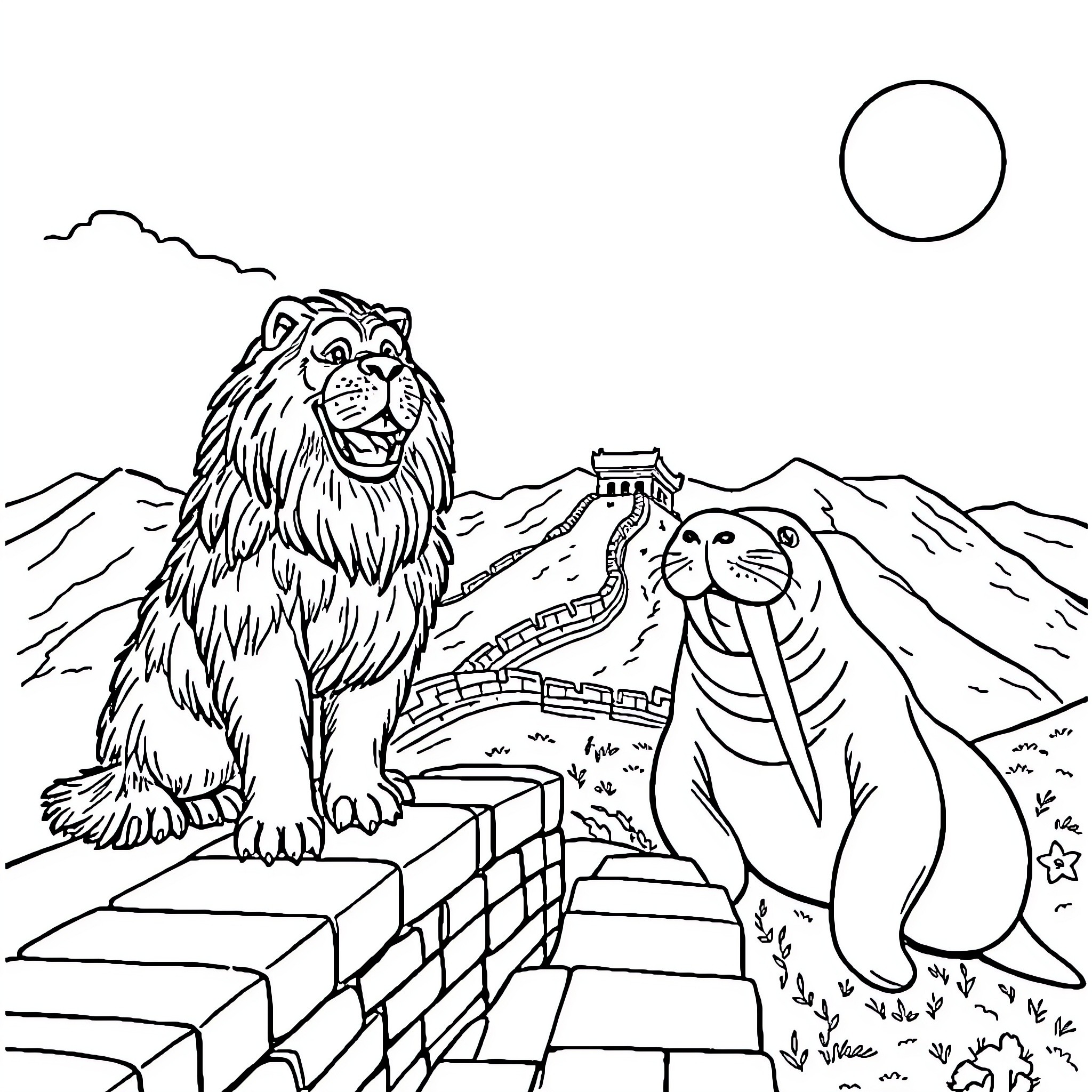 Tibetan Mastiffs guarding the Great Wall Coloring Page (free black-and-white line drawing printable PDF for all, from beginners to advanced learners, including children, teens, adults, and seniors)