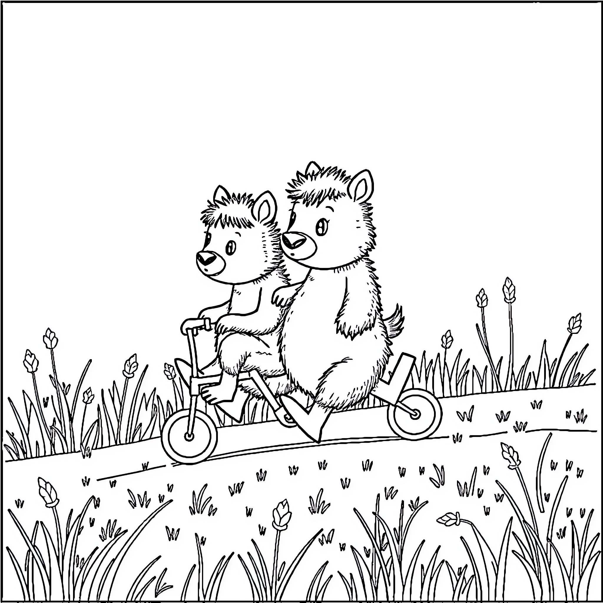 Bear cubs riding tricycle in field Coloring Page (free black-and-white line drawing printable PDF for all, from beginners to advanced learners, including children, teens, adults, and seniors)