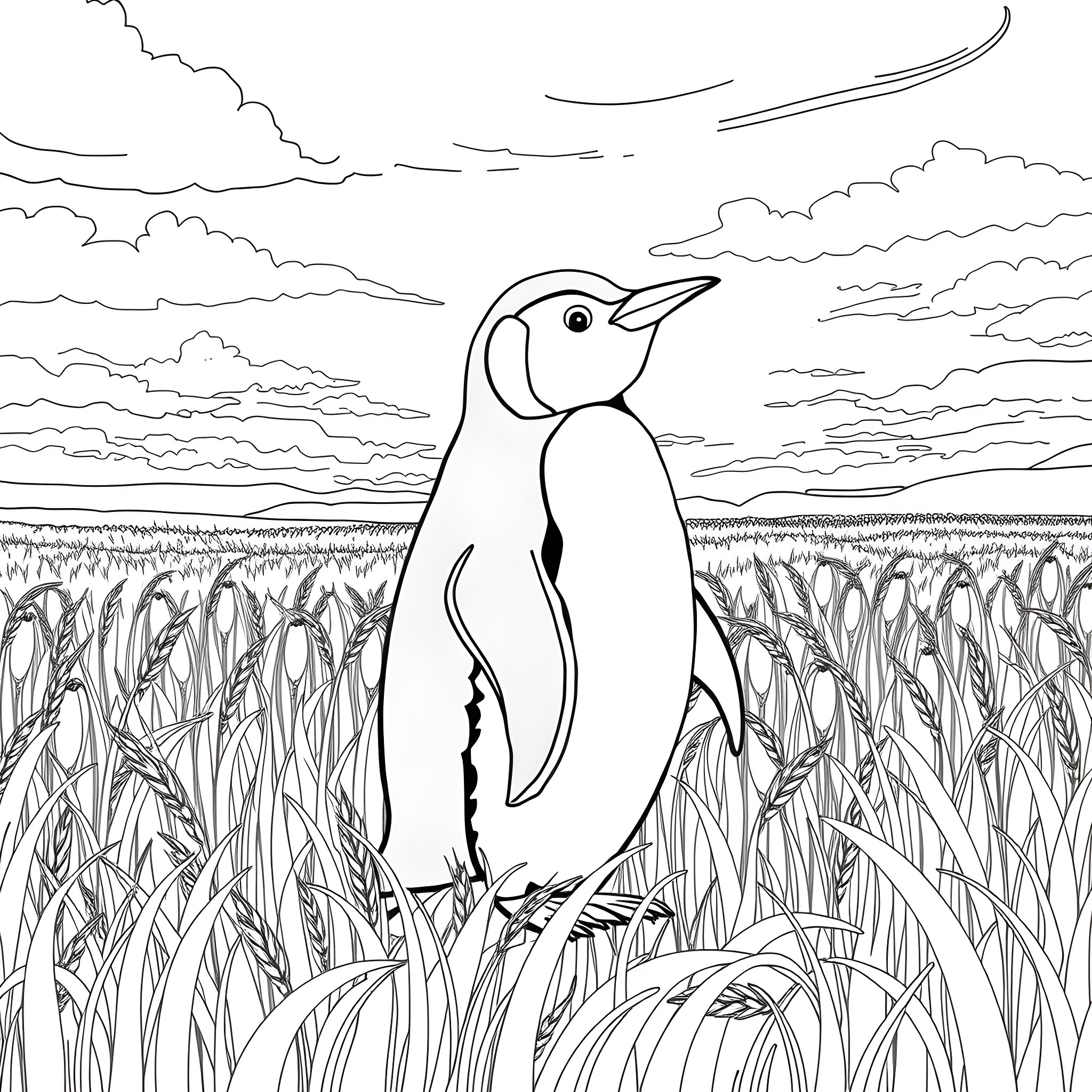 Penguin standing in a field of reeds Coloring Page (free black-and-white line drawing printable PDF for all, from beginners to advanced learners, including children, teens, adults, and seniors)
