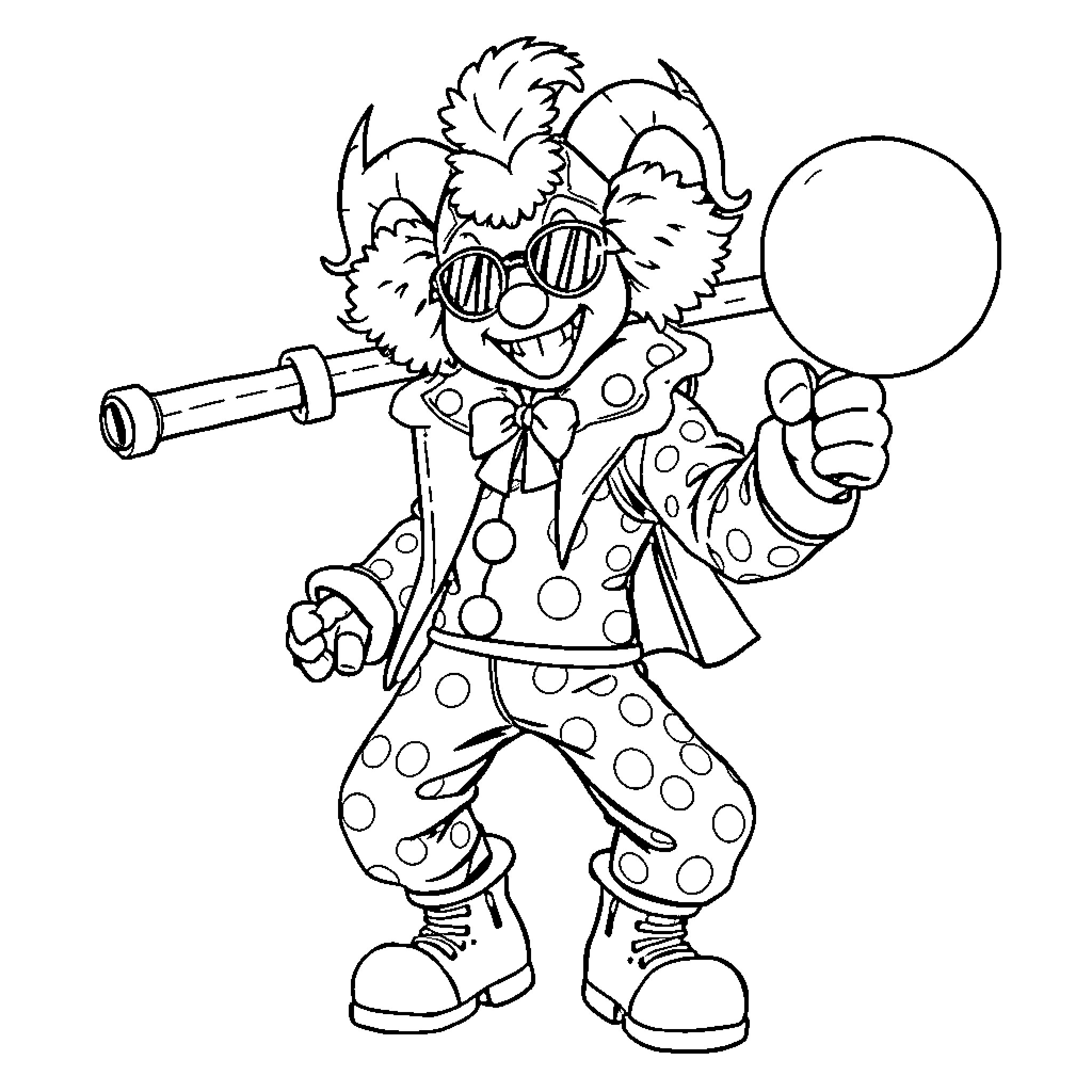 Demon Hunter Clown With Silly Outfit and Telescope Coloring Page (free black-and-white line drawing printable PDF for all, from beginners to advanced learners, including children, teens, adults, and seniors)