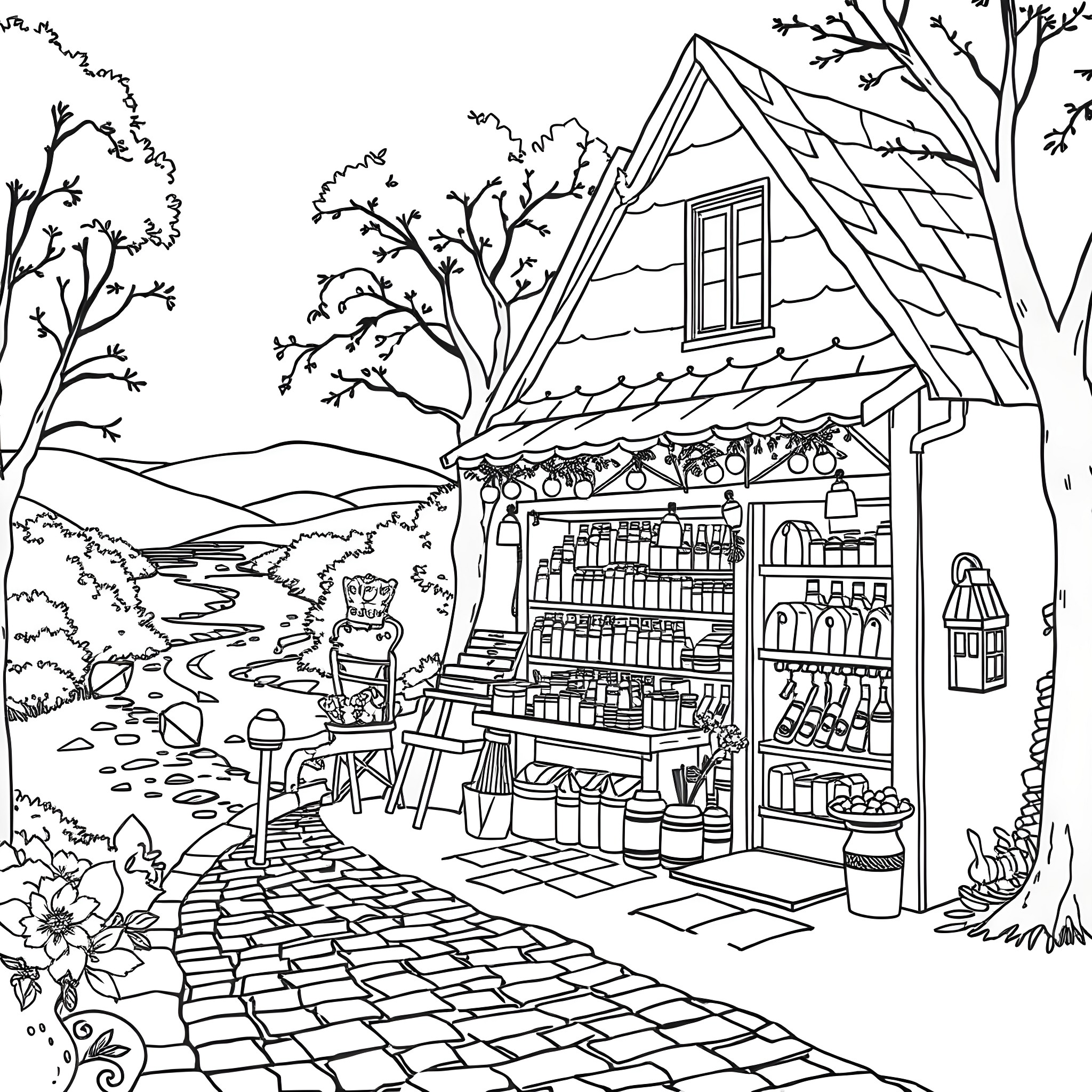 Shop with Charming Cottage and Nature Scenery Coloring Page (free black-and-white line drawing printable PDF for all, from beginners to advanced learners, including children, teens, adults, and seniors)