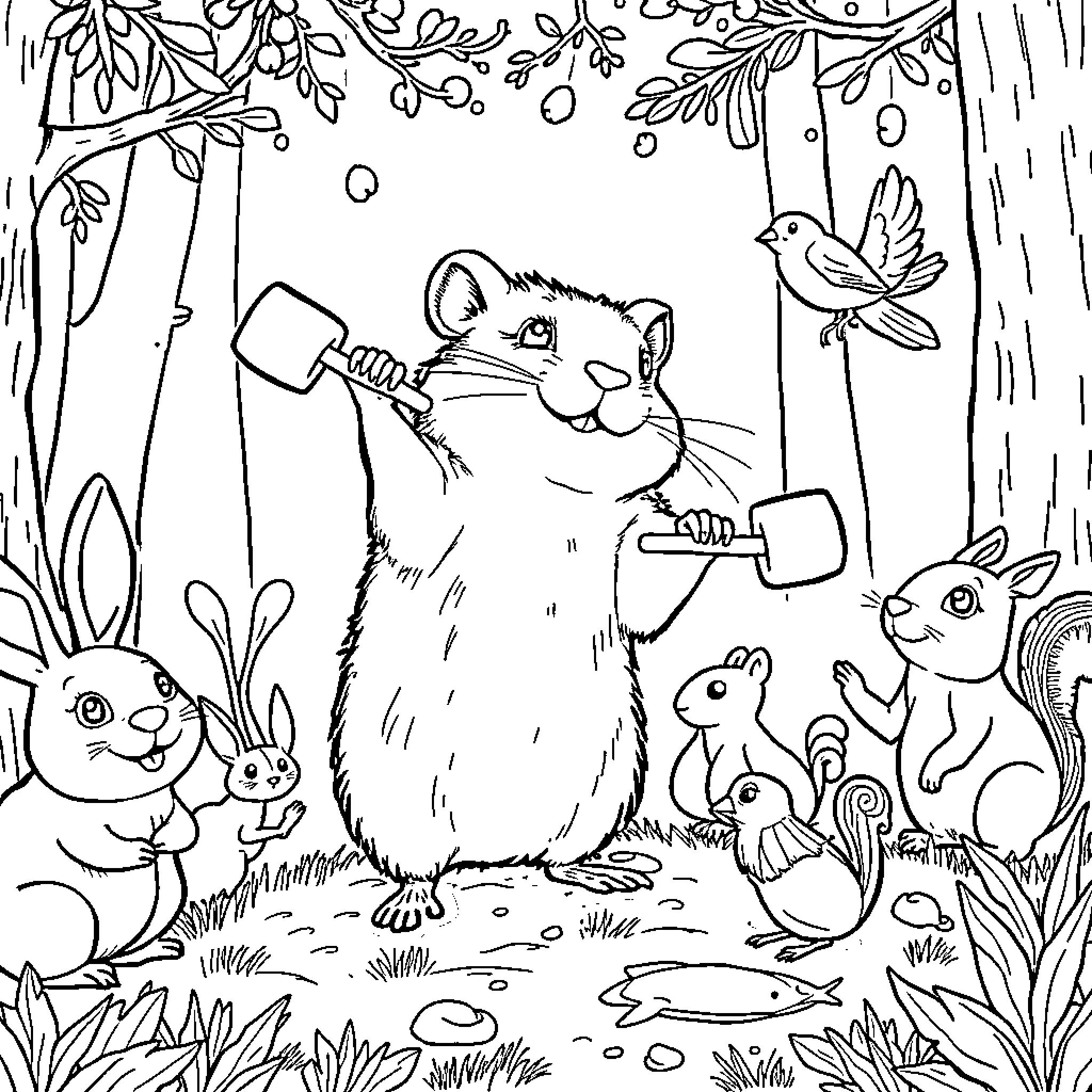 Hamster watering plants with forest animals Coloring Page (free black-and-white line drawing printable PDF for all, from beginners to advanced learners, including children, teens, adults, and seniors)