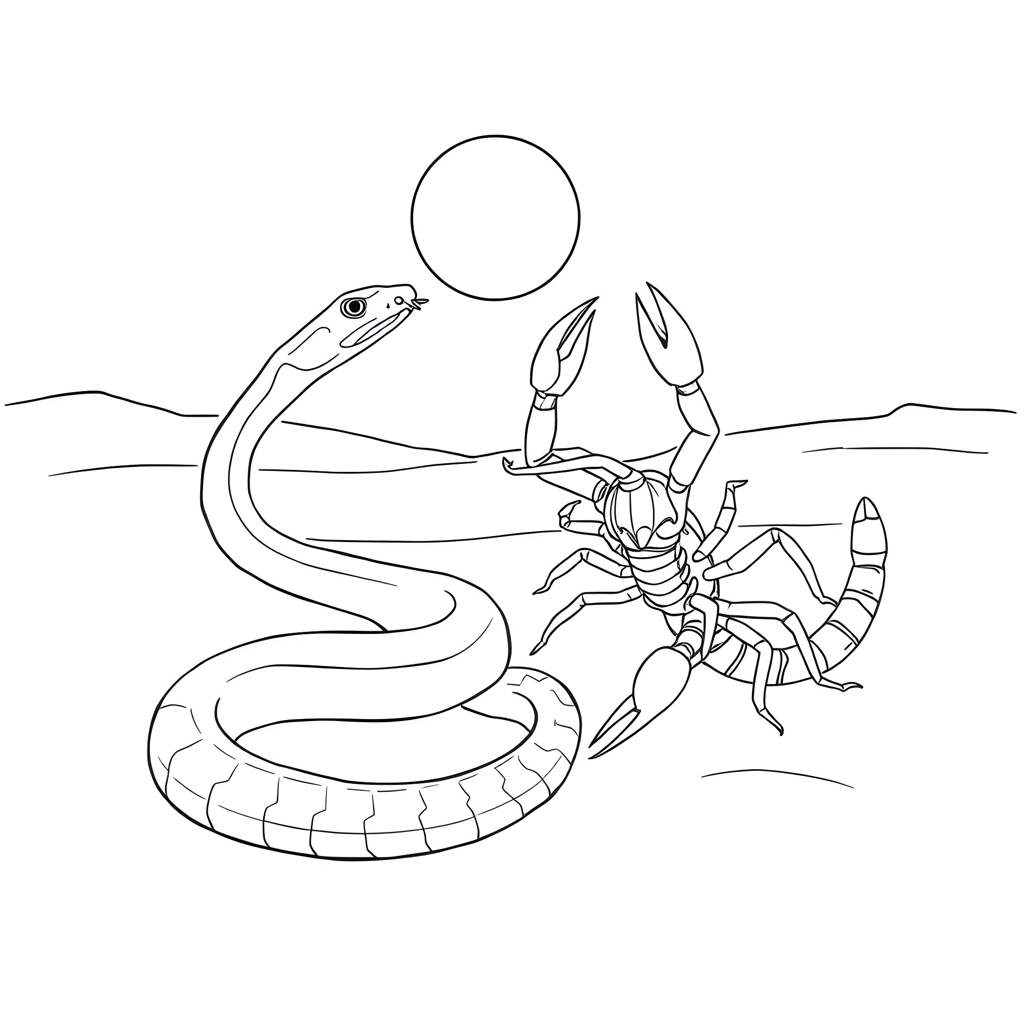 Snake confronting scorpion in the desert Coloring Page (free black-and-white line drawing printable PDF for all, from beginners to advanced learners, including children, teens, adults, and seniors)