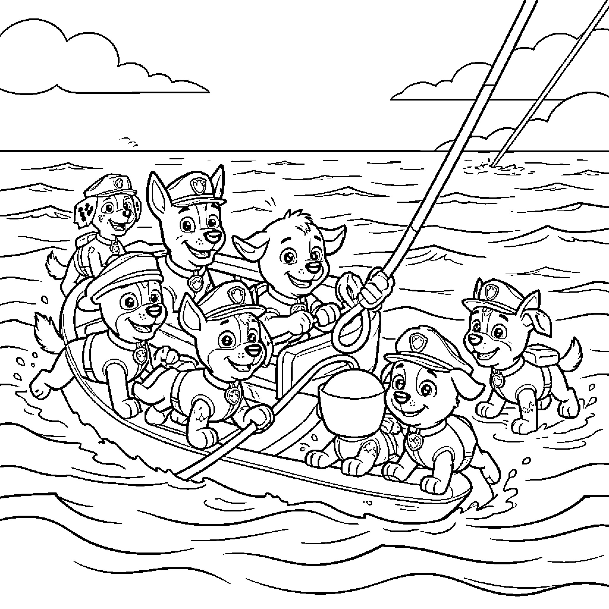 Paw Patrol pups enjoying a rescue mission on water Coloring Page (free black-and-white line drawing printable PDF for all, from beginners to advanced learners, including children, teens, adults, and seniors)