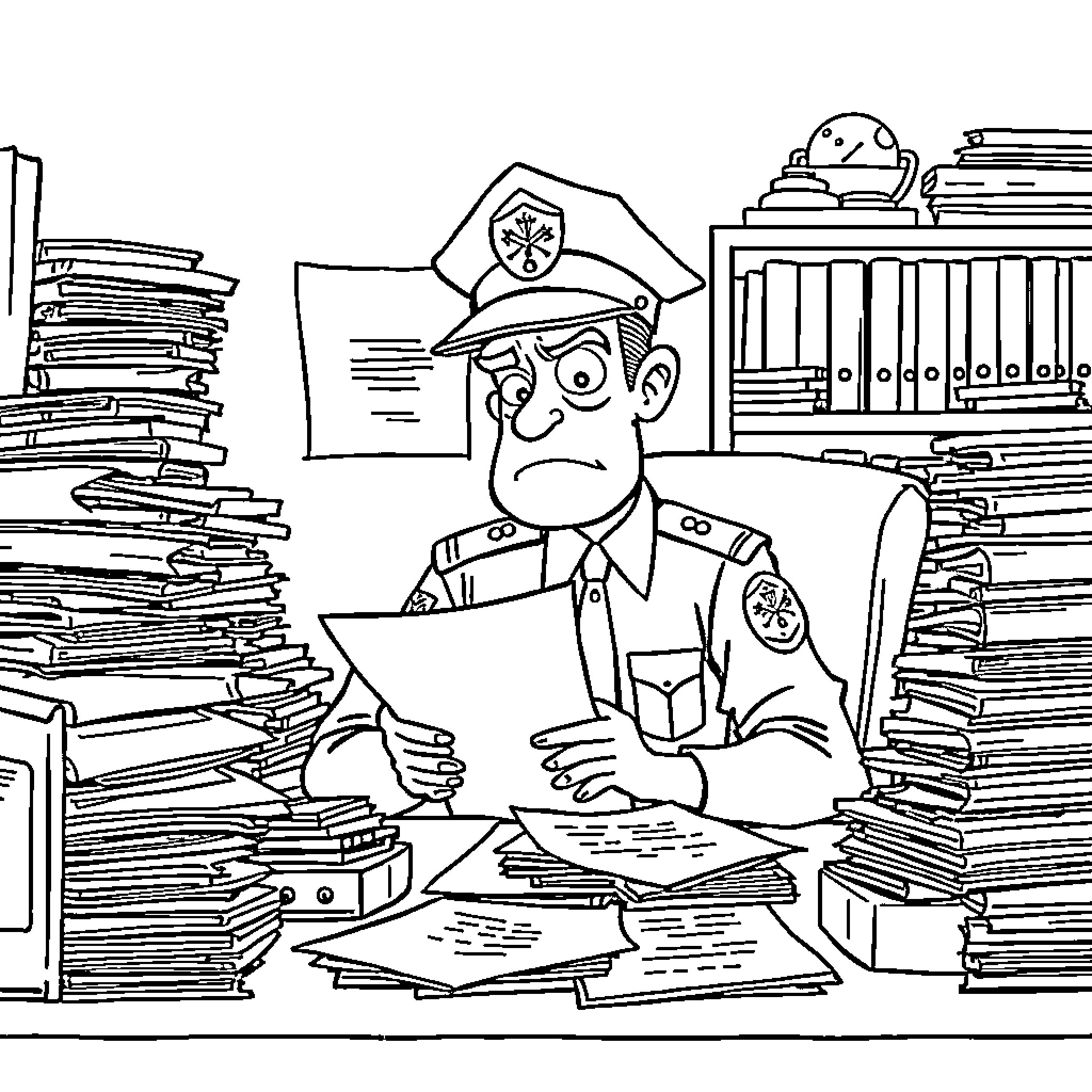 Police Officer Overwhelmed by Paperwork in Cluttered Office Coloring Page (free black-and-white line drawing printable PDF for all, from beginners to advanced learners, including children, teens, adults, and seniors)