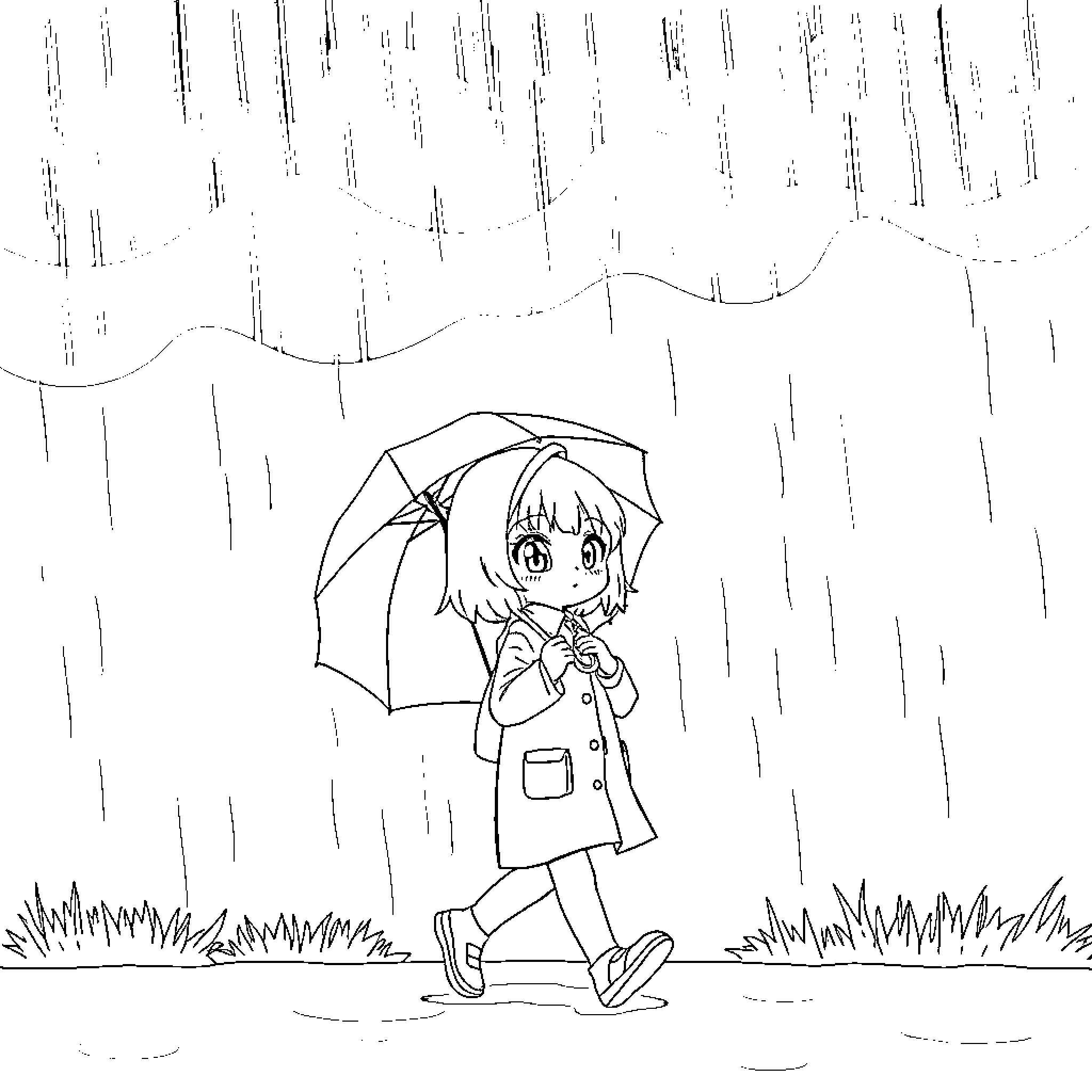 Kuromi walking in the rain with umbrella Coloring Page (free black-and-white line drawing printable PDF for all, from beginners to advanced learners, including children, teens, adults, and seniors)
