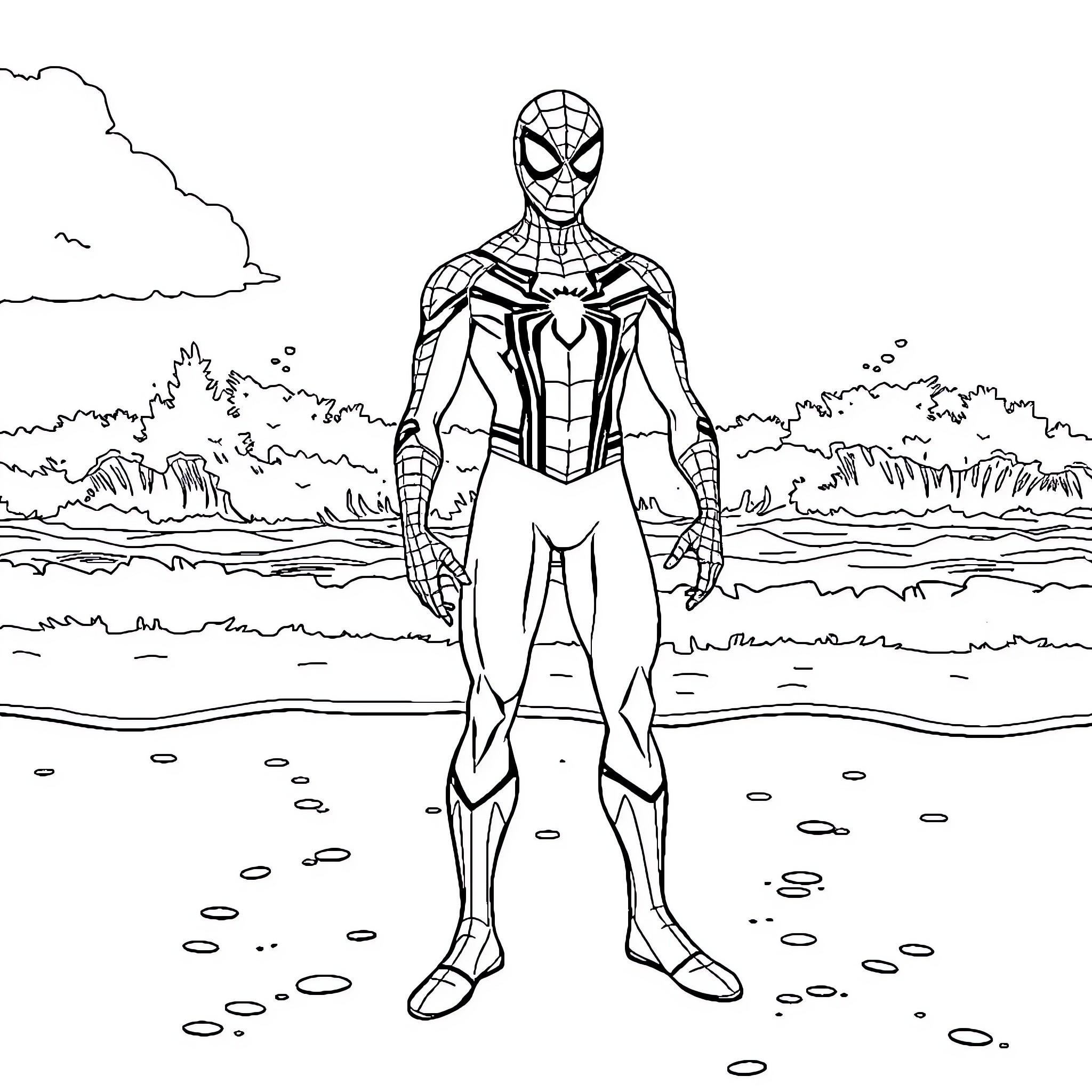 Spiderman standing heroically in a coastal landscape Coloring Page (free black-and-white line drawing printable PDF for all, from beginners to advanced learners, including children, teens, adults, and seniors)