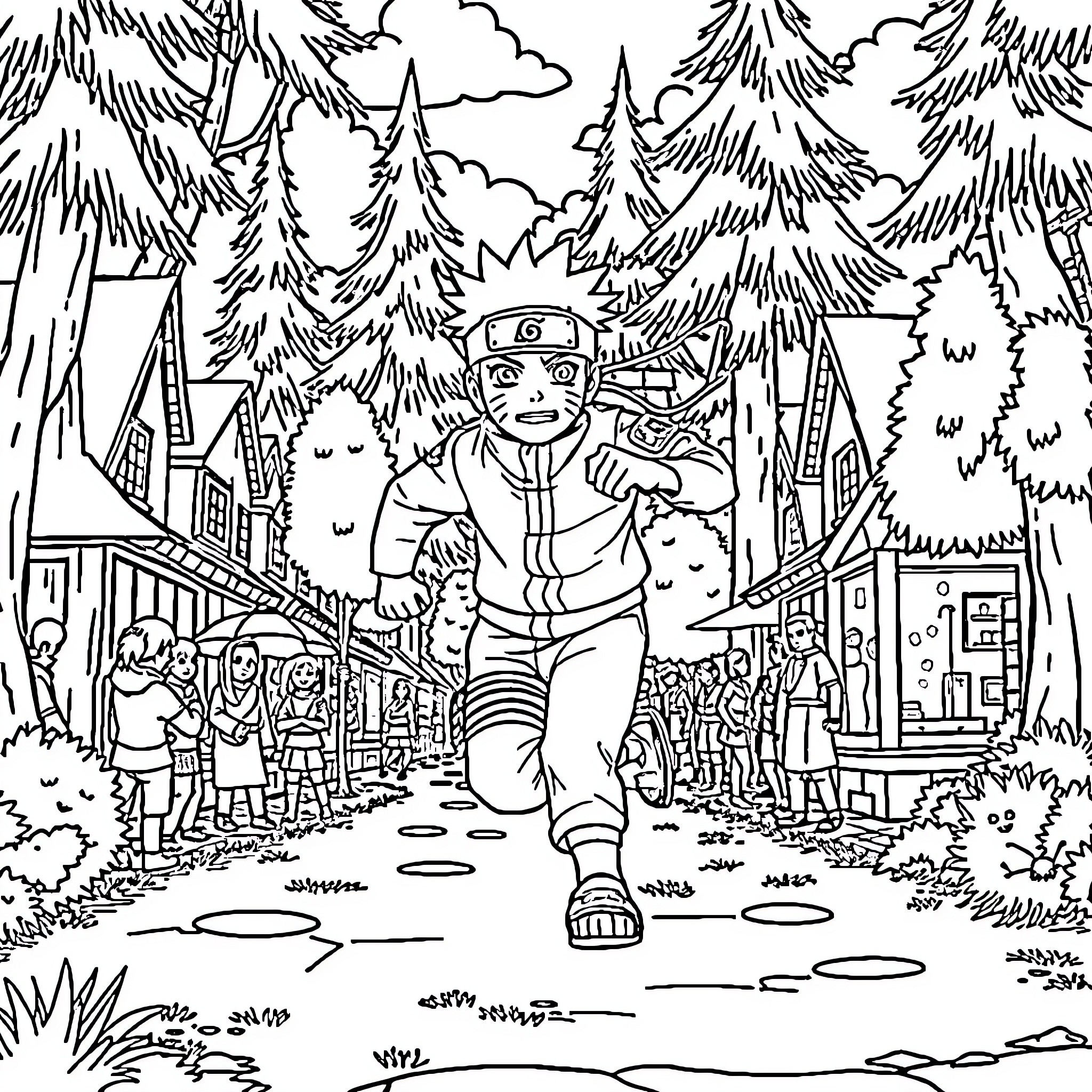 Naruto Walks Through the Leaf Village Coloring Page (free black-and-white line drawing printable PDF for all, from beginners to advanced learners, including children, teens, adults, and seniors)