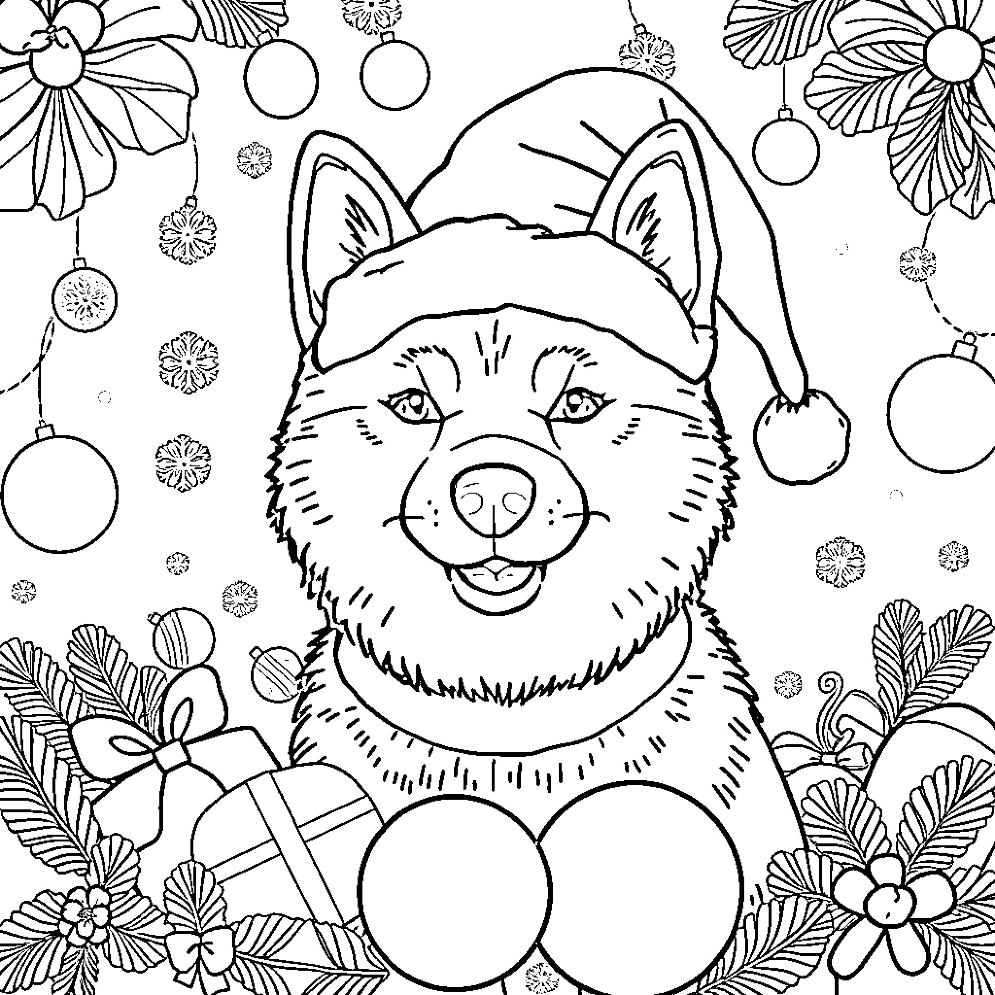 Shiba Inu in festive holiday attire Coloring Page (free black-and-white line drawing printable PDF for all, from beginners to advanced learners, including children, teens, adults, and seniors)