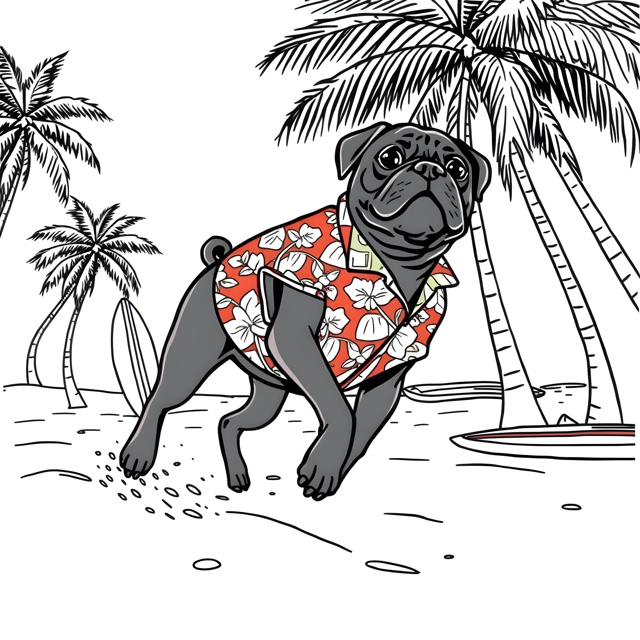 Pug enjoying a tropical beach vacation Coloring Page (free black-and-white line drawing printable PDF for all, from beginners to advanced learners, including children, teens, adults, and seniors)