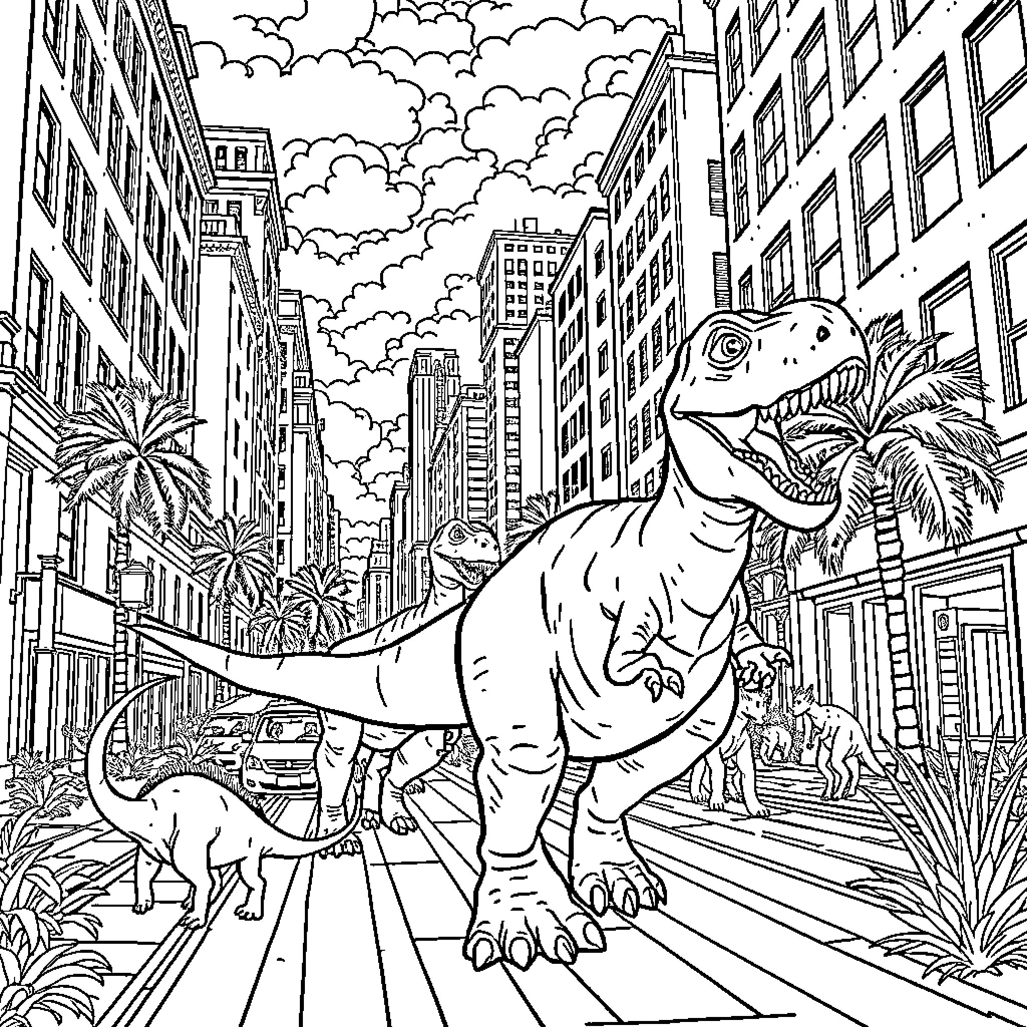Dinosaur Roaming the City Streets Coloring Page (free black-and-white line drawing printable PDF for all, from beginners to advanced learners, including children, teens, adults, and seniors)