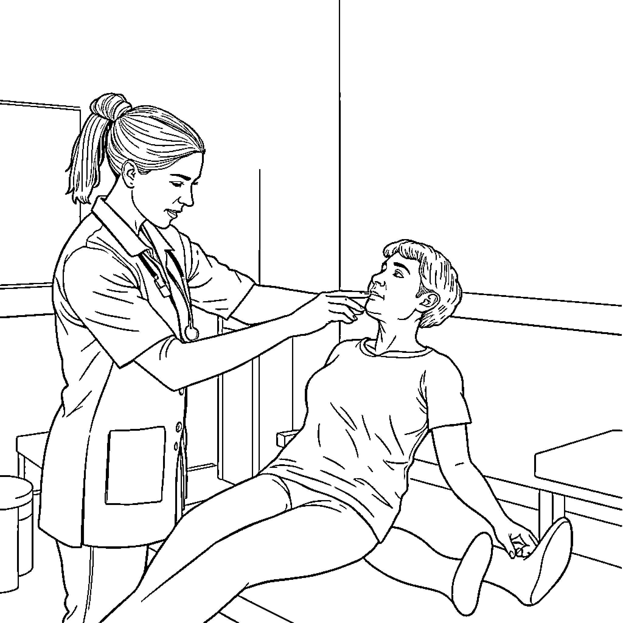 Physiotherapist providing treatment to patient Coloring Page (free black-and-white line drawing printable PDF for all, from beginners to advanced learners, including children, teens, adults, and seniors)