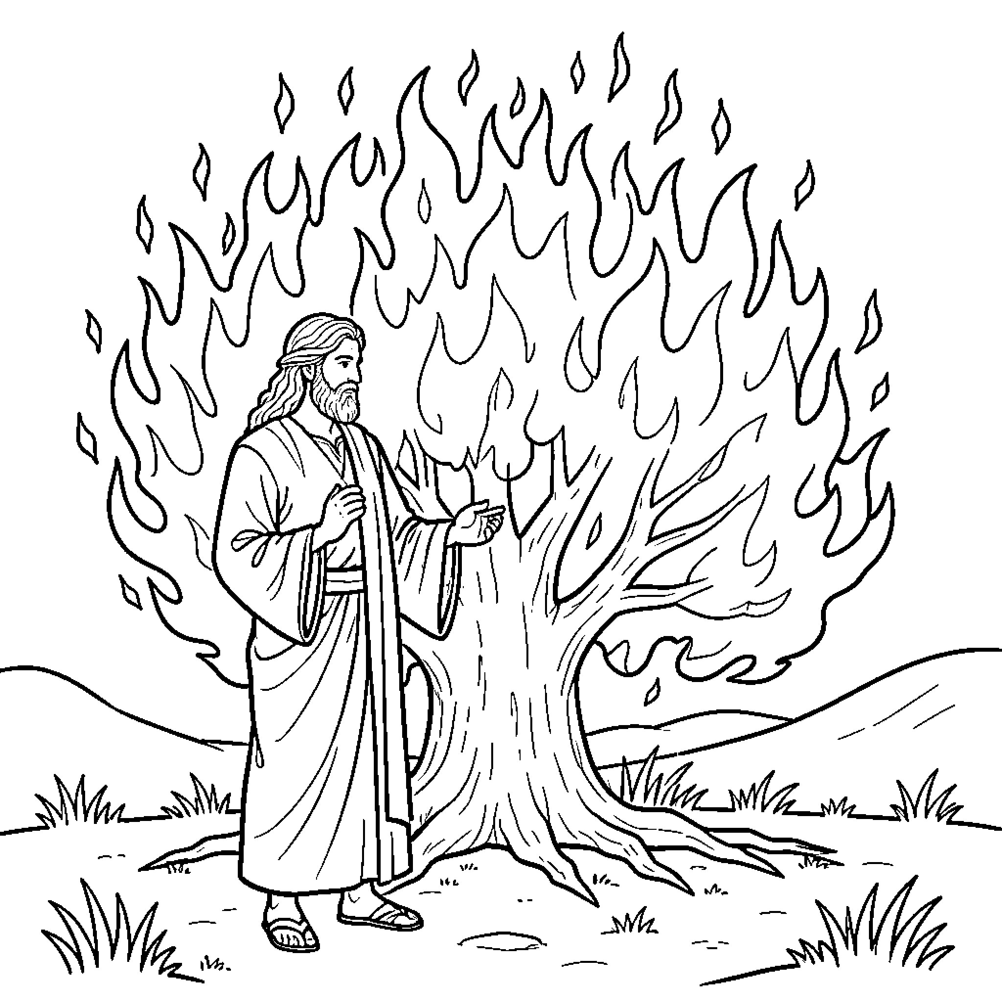 Moses and the Burning Bush Coloring Page (free black-and-white line drawing printable PDF for all, from beginners to advanced learners, including children, teens, adults, and seniors)