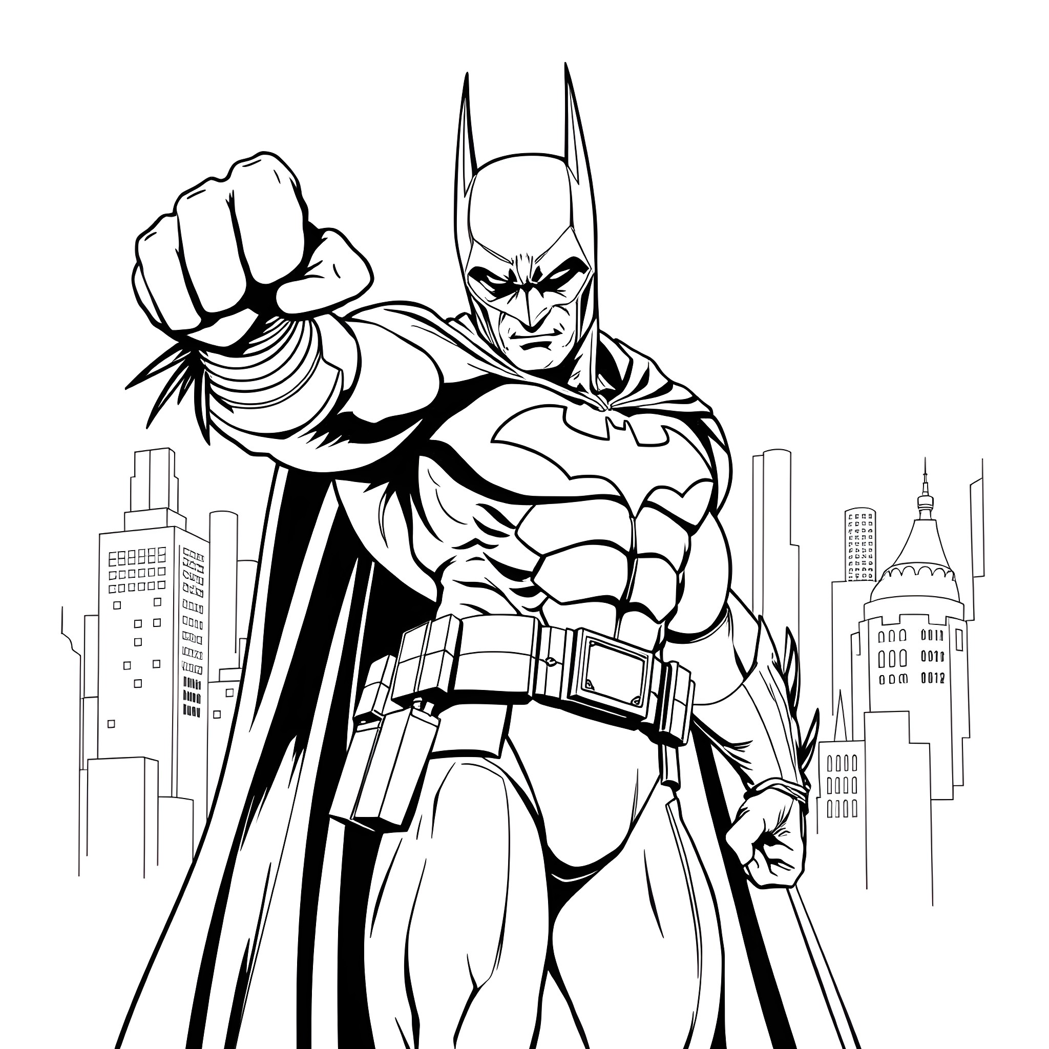 Kai Cenat as the Caped Crusader in Action Coloring Page (free black-and-white line drawing printable PDF for all, from beginners to advanced learners, including children, teens, adults, and seniors)