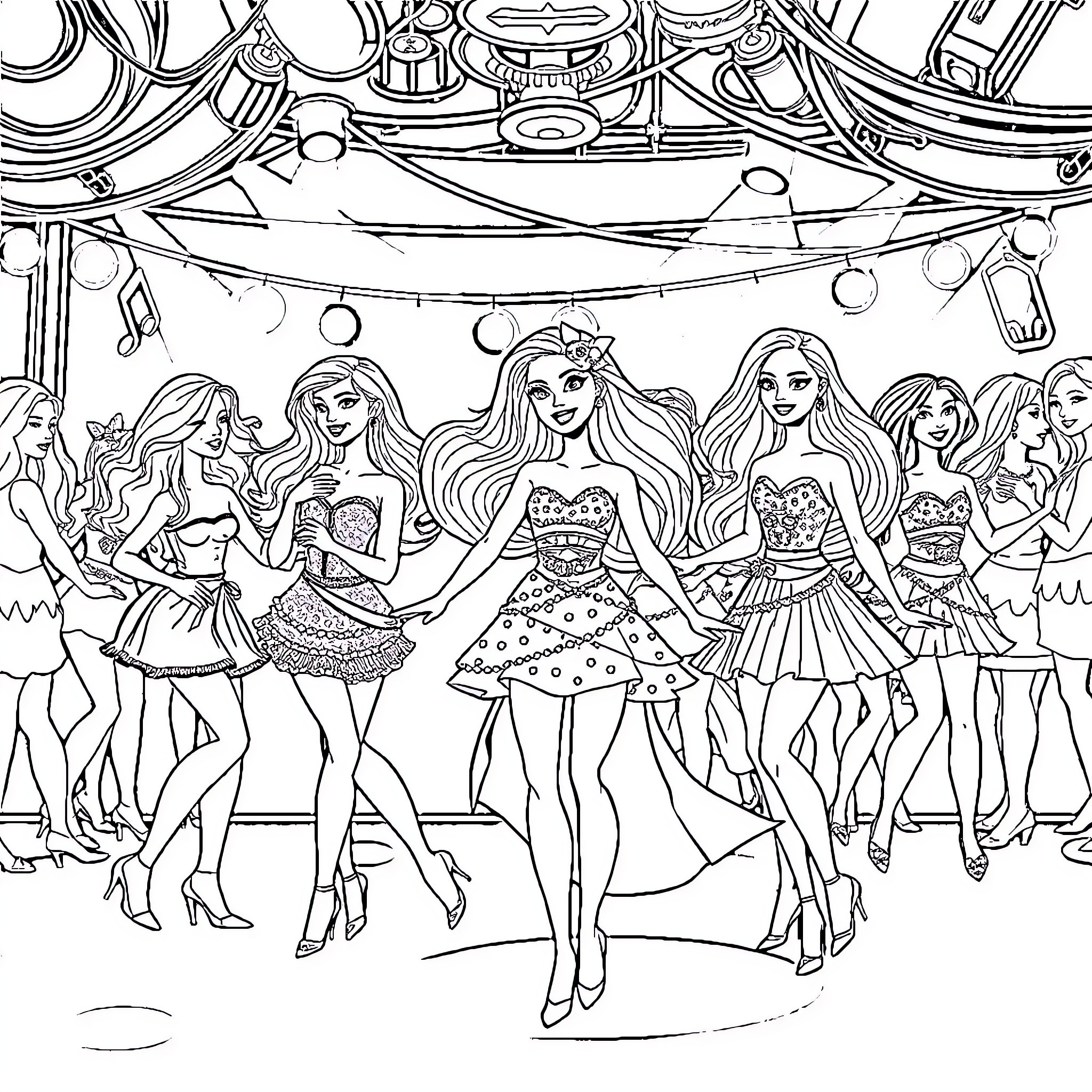 Barbie Dolls Attending a Lively Party Coloring Page (free black-and-white line drawing printable PDF for all, from beginners to advanced learners, including children, teens, adults, and seniors)