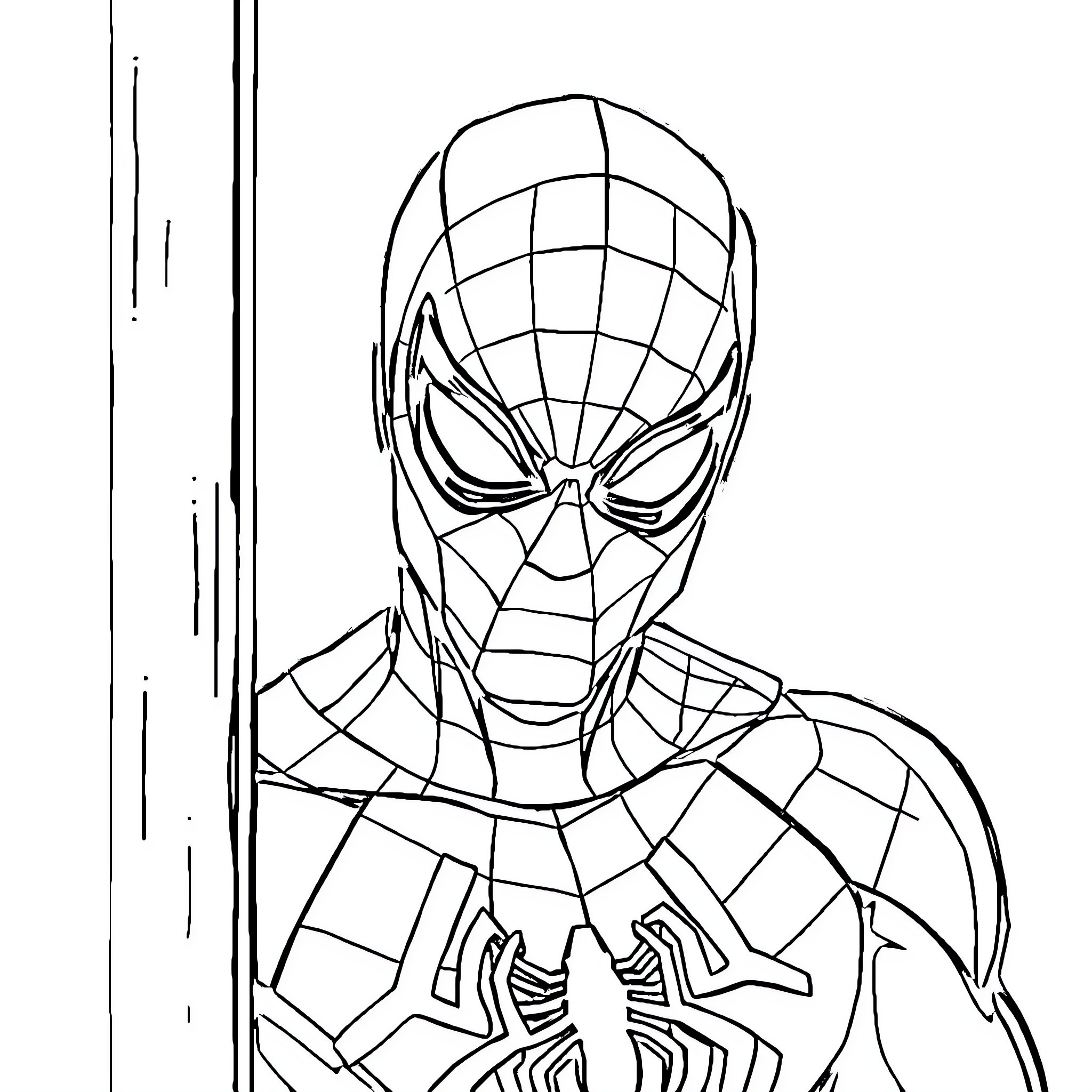 Spiderman in action pose with web-like costume Coloring Page (free black-and-white line drawing printable PDF for all, from beginners to advanced learners, including children, teens, adults, and seniors)