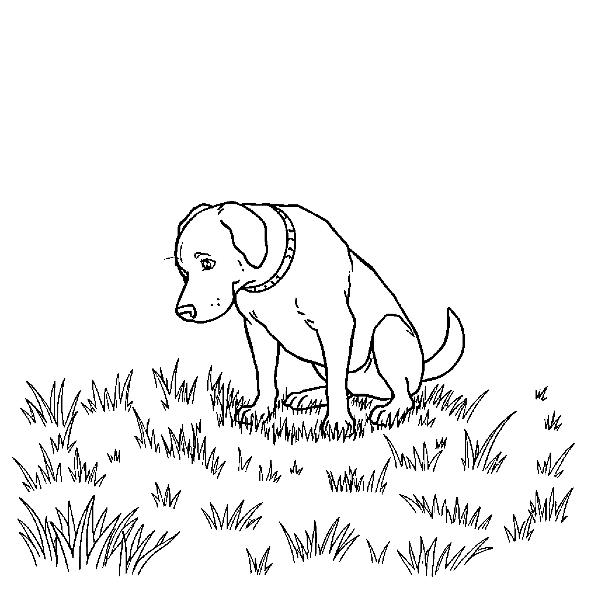 Dog in the grassy field Coloring Page (free black-and-white line drawing printable PDF for all, from beginners to advanced learners, including children, teens, adults, and seniors)