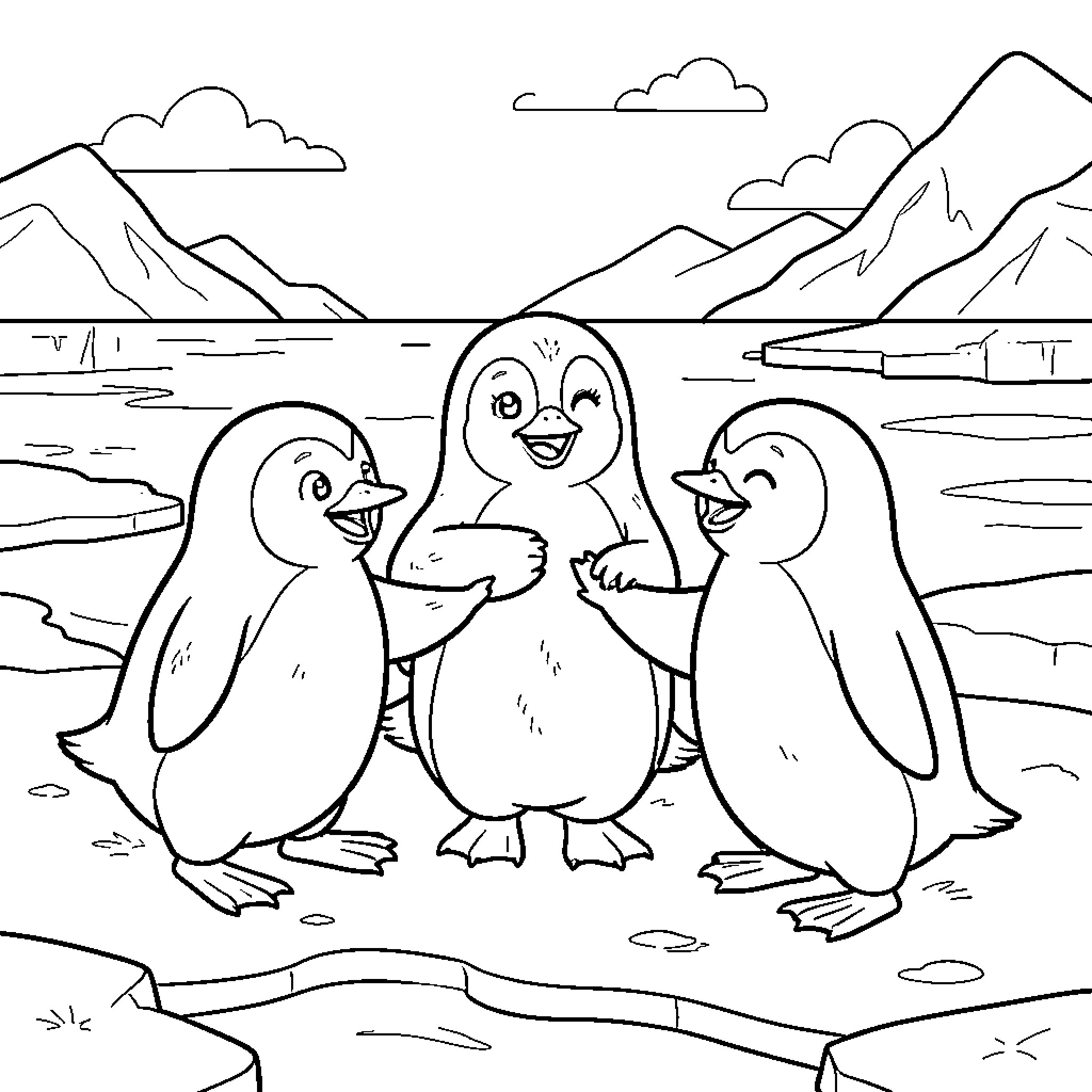 Penguin group laughing and dancing together on ice Coloring Page (free black-and-white line drawing printable PDF for all, from beginners to advanced learners, including children, teens, adults, and seniors)