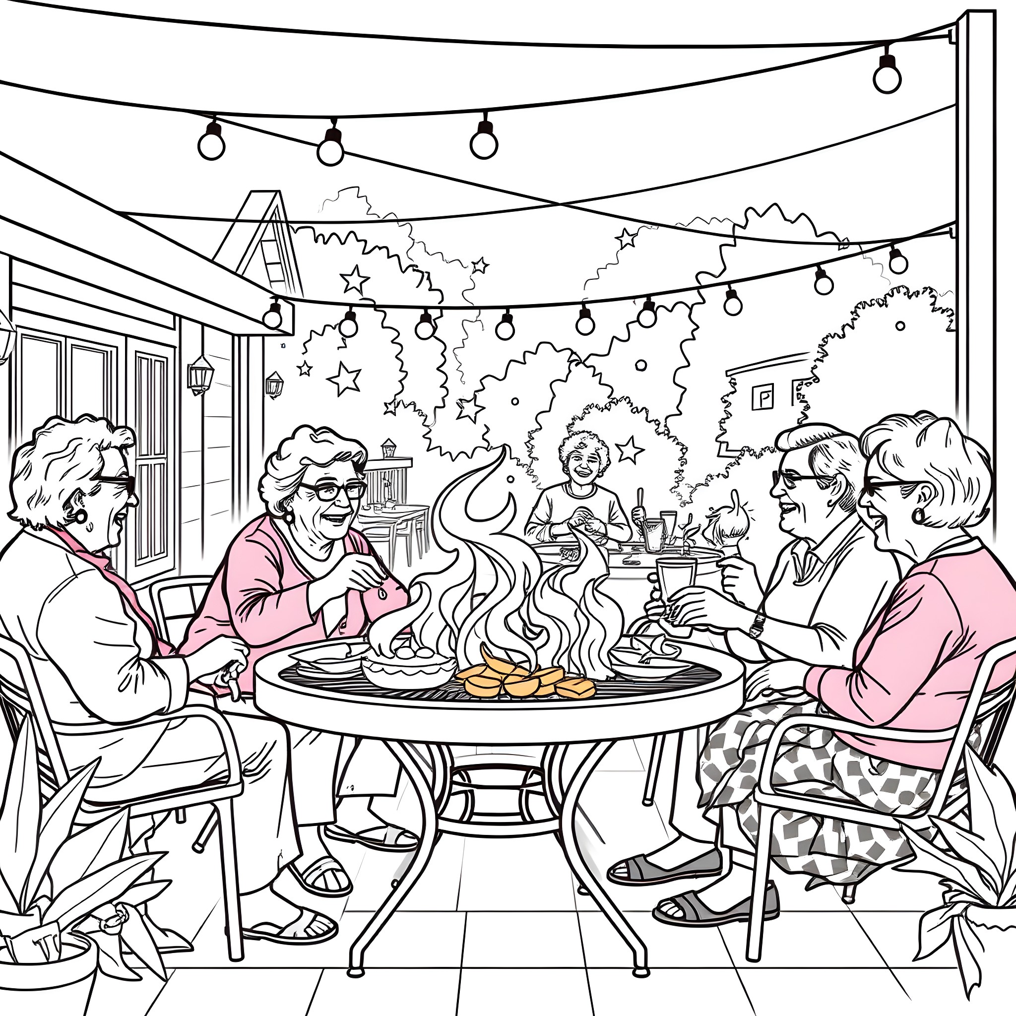 Senior Friends Gathering for Outdoor Celebration Coloring Page (free black-and-white line drawing printable PDF for all, from beginners to advanced learners, including children, teens, adults, and seniors)