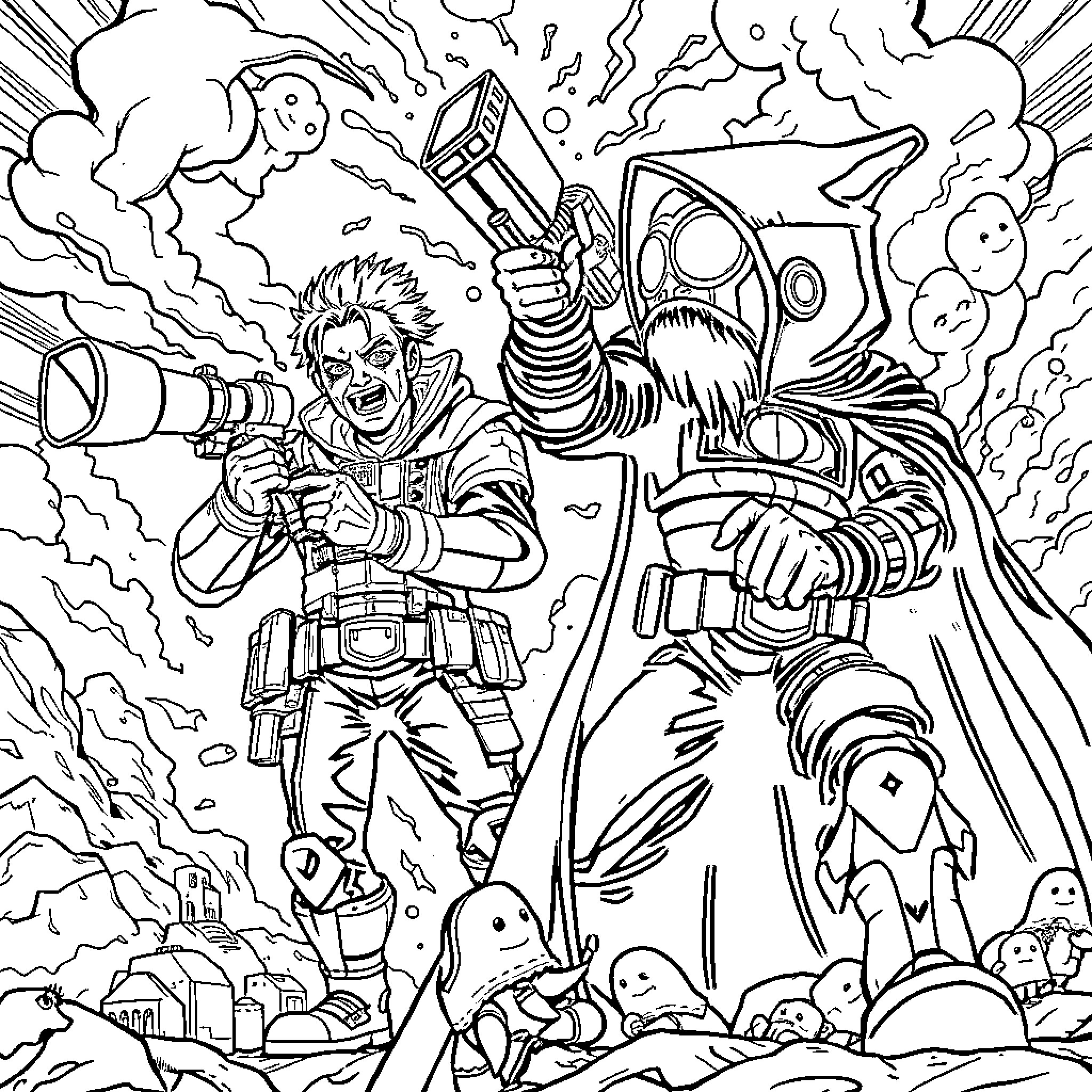 Cameraman Titan battling robotic forces in a chaotic scene Coloring Page (free black-and-white line drawing printable PDF for all, from beginners to advanced learners, including children, teens, adults, and seniors)