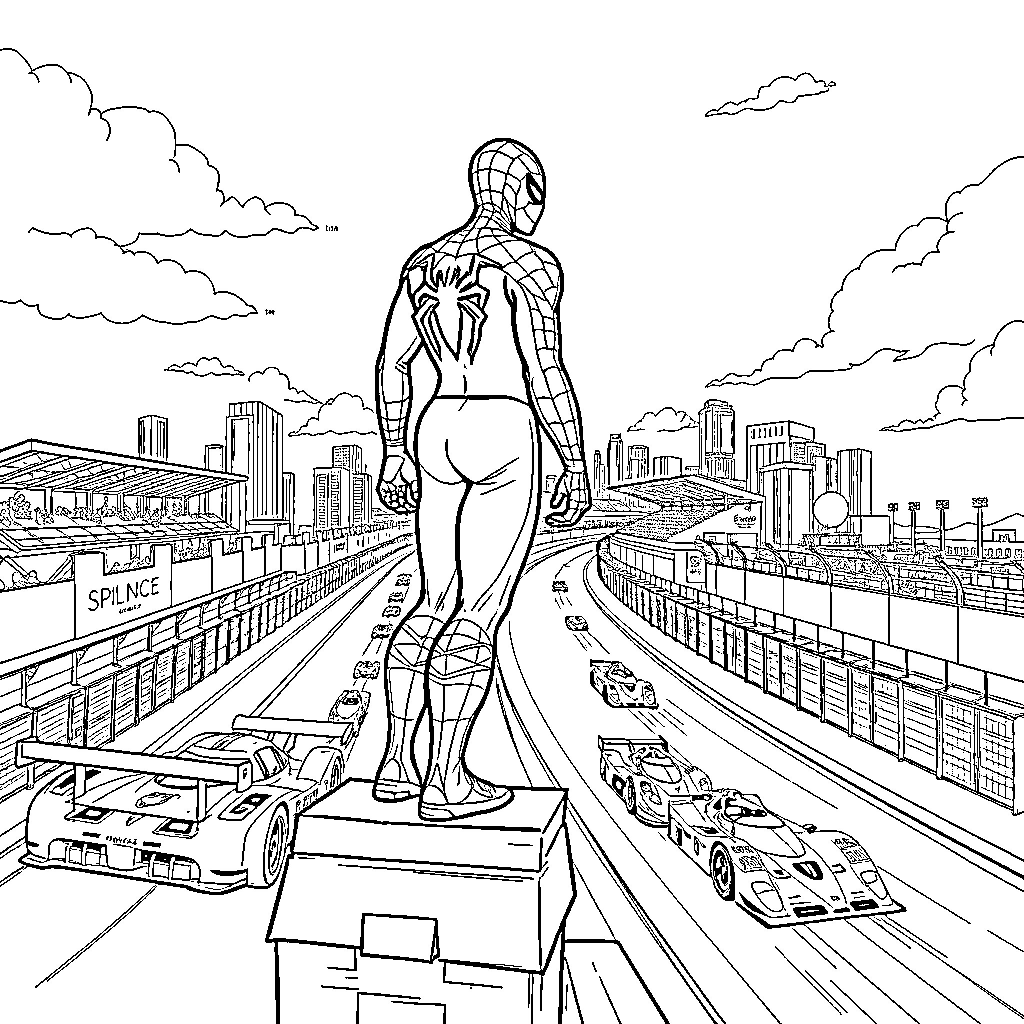 Spiderman overlooking the city skyline Coloring Page (free black-and-white line drawing printable PDF for all, from beginners to advanced learners, including children, teens, adults, and seniors)