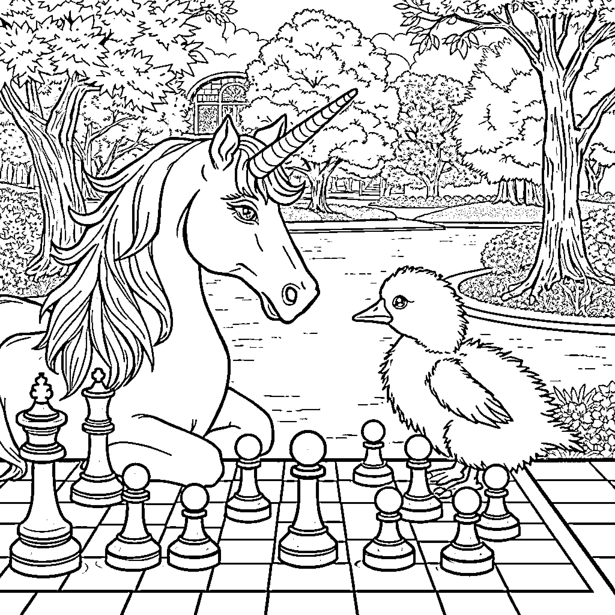 Unicorn playing chess with a chick in a whimsical forest Coloring Page (free black-and-white line drawing printable PDF for all, from beginners to advanced learners, including children, teens, adults, and seniors)