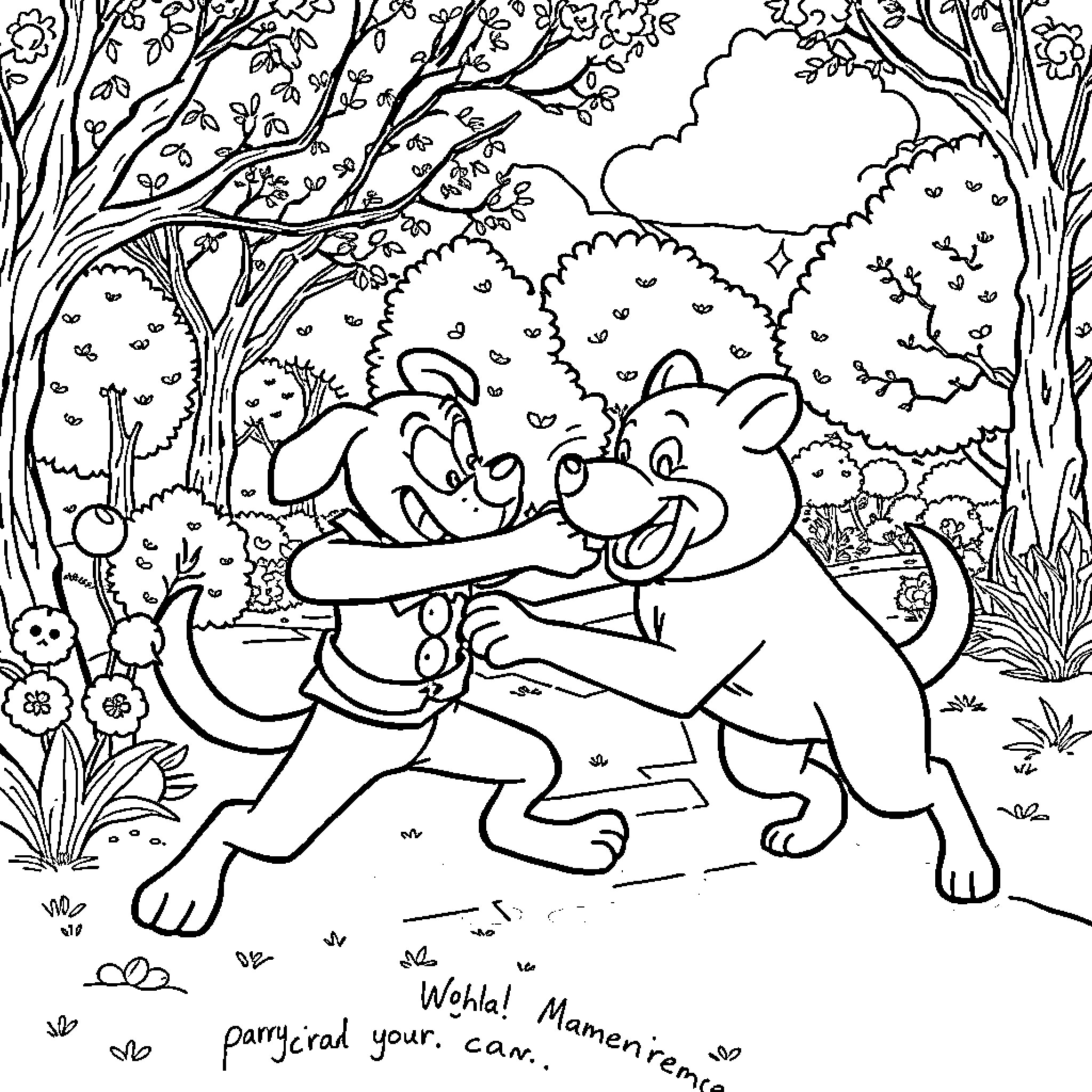 Dog Man Playing and Running in Flowery Forest Coloring Page (free black-and-white line drawing printable PDF for all, from beginners to advanced learners, including children, teens, adults, and seniors)