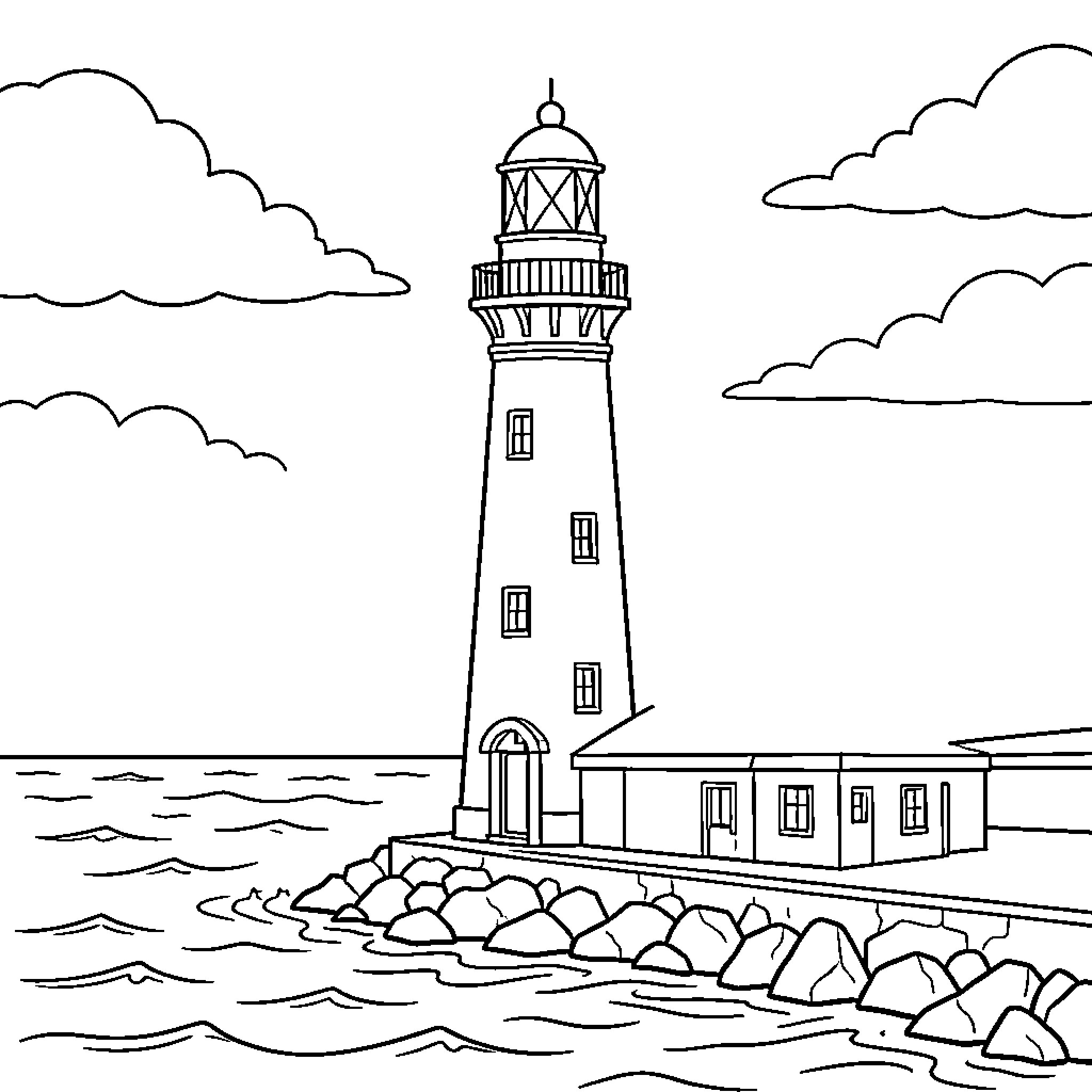 Faro Lighthouse by the Seaside Coloring Page (free black-and-white line drawing printable PDF for all, from beginners to advanced learners, including children, teens, adults, and seniors)