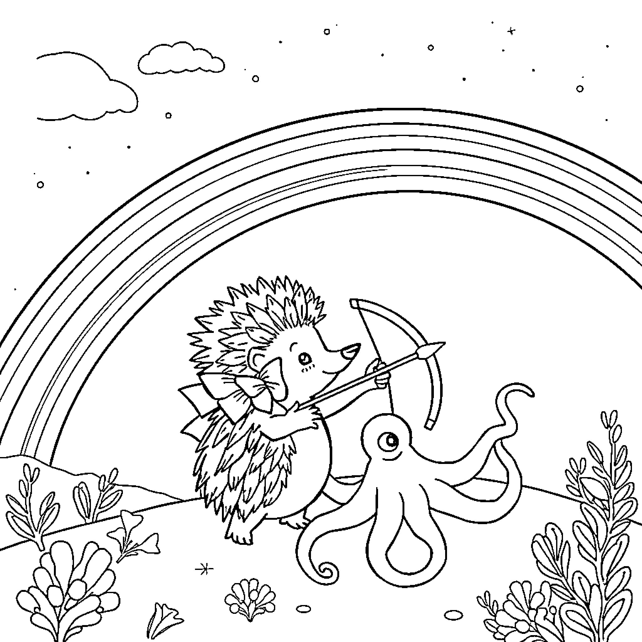 Hedgehog archer shooting arrows at octopus Coloring Page (free black-and-white line drawing printable PDF for all, from beginners to advanced learners, including children, teens, adults, and seniors)