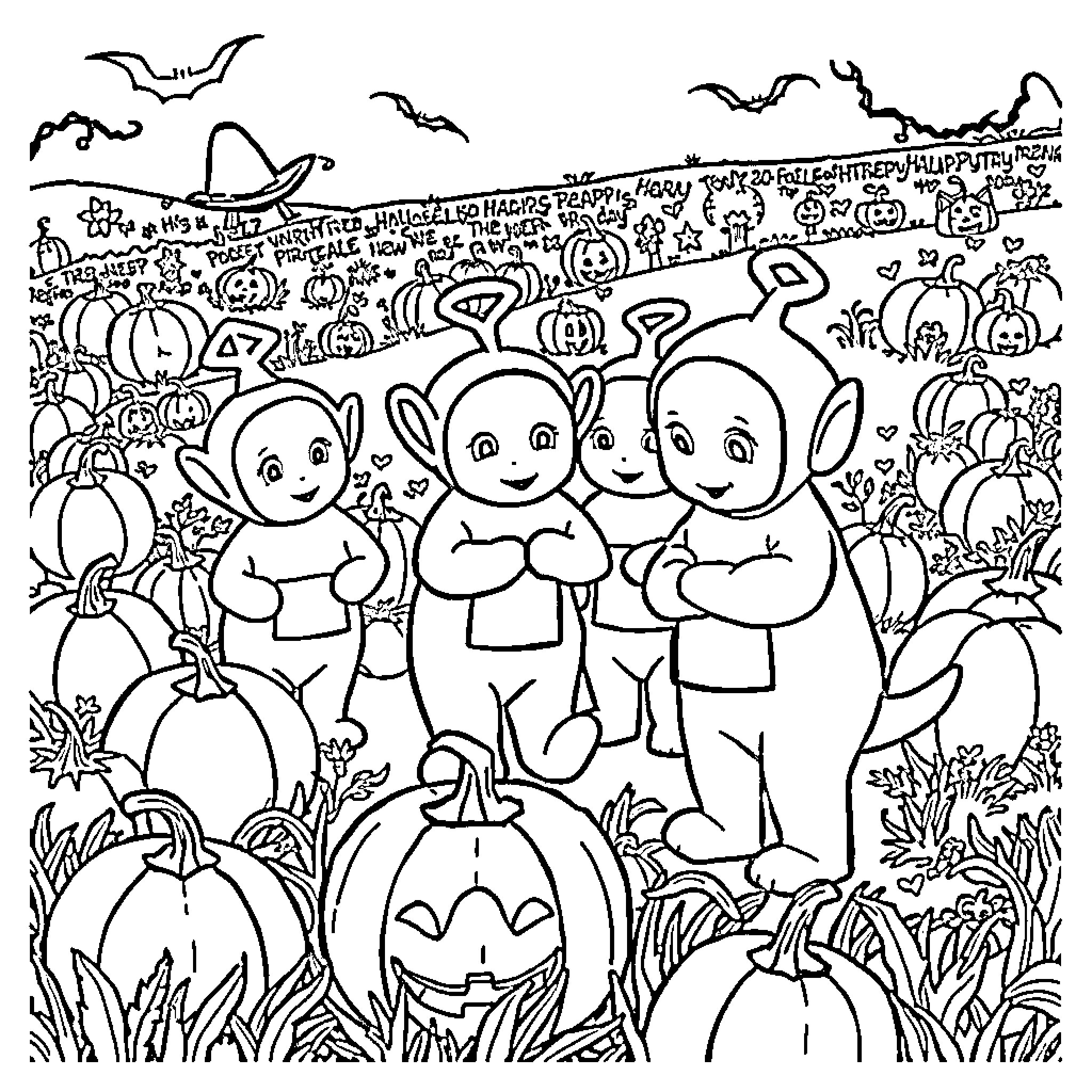 Teletubbies Celebrating Halloween with Pumpkins and Bats Coloring Page (free black-and-white line drawing printable PDF for all, from beginners to advanced learners, including children, teens, adults, and seniors)