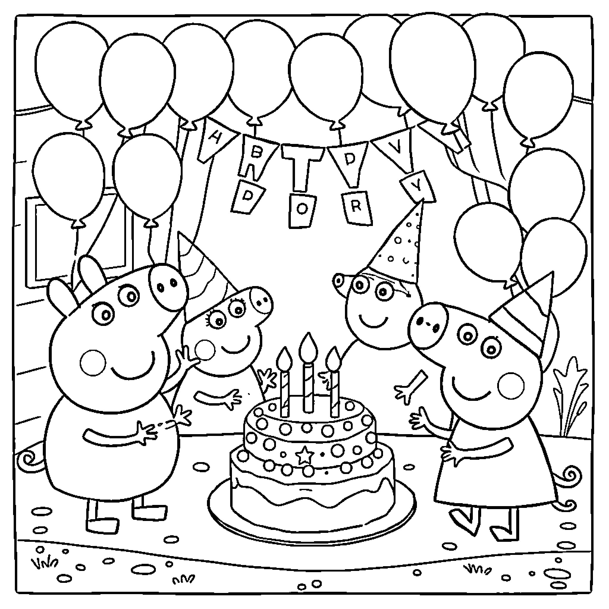 Peppa Pig and friends celebrate a birthday party Coloring Page (free black-and-white line drawing printable PDF for all, from beginners to advanced learners, including children, teens, adults, and seniors)