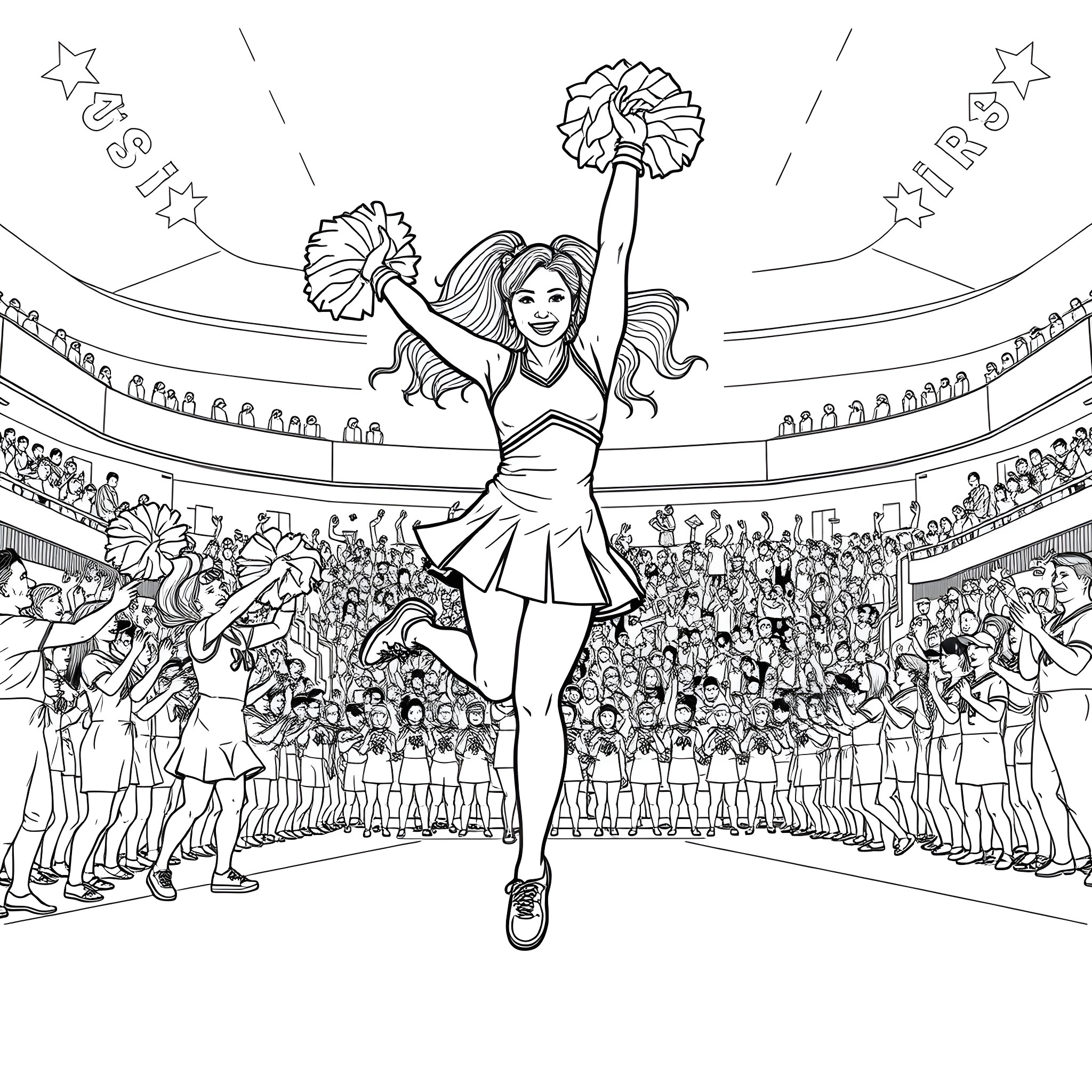 Cheerleader performing on stage with crowd Coloring Page (free black-and-white line drawing printable PDF for all, from beginners to advanced learners, including children, teens, adults, and seniors)