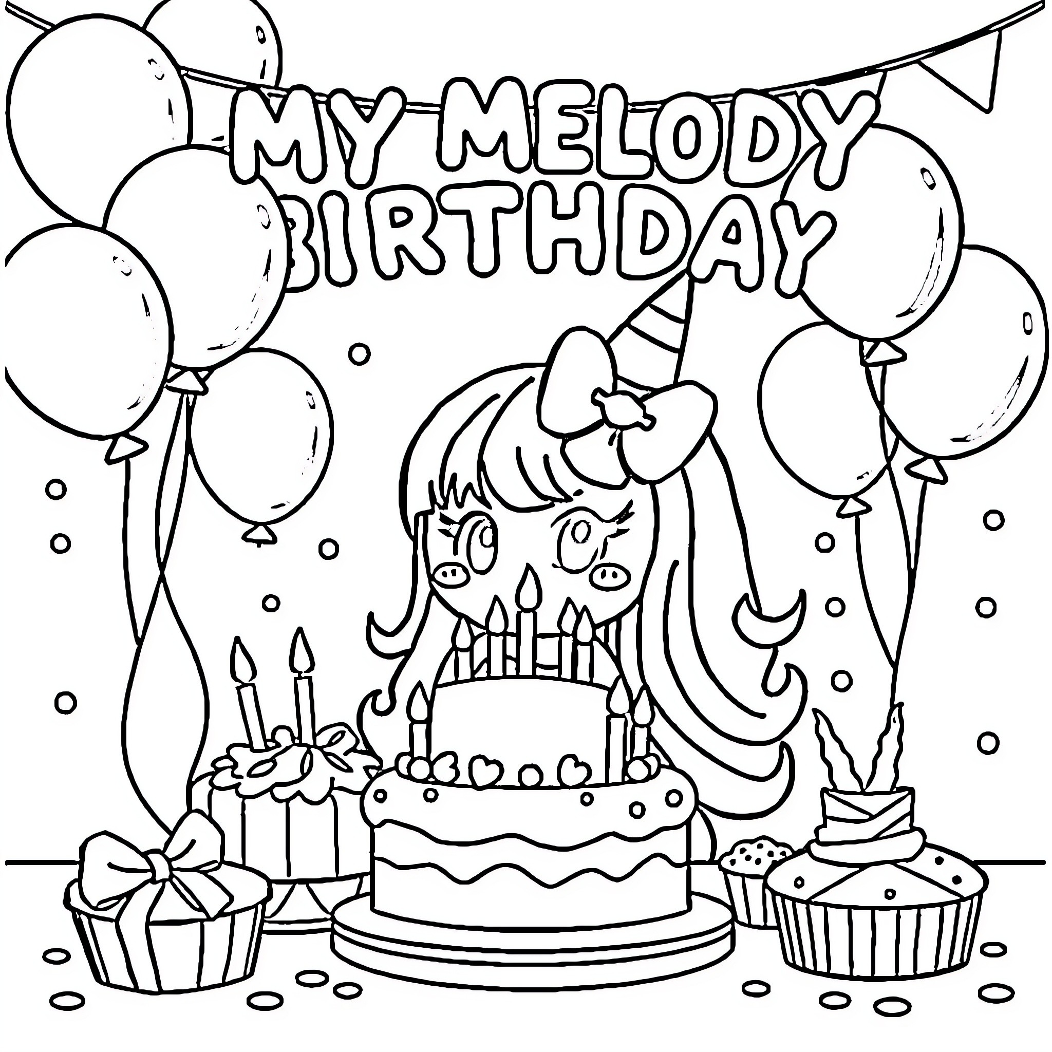 My Melody Birthday Party Celebration Coloring Page (free black-and-white line drawing printable PDF for all, from beginners to advanced learners, including children, teens, adults, and seniors)