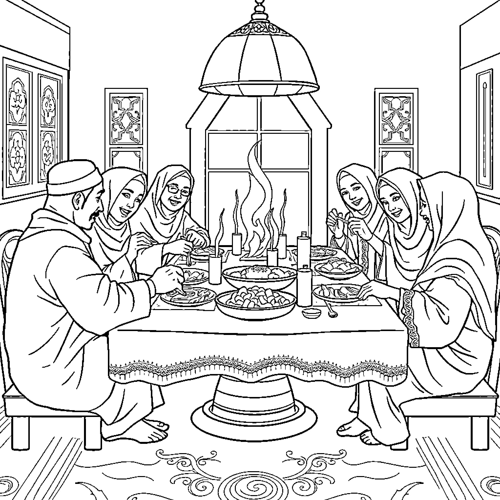 Family Gathered for Warm Meal in Cozy Home Coloring Page (free black-and-white line drawing printable PDF for all, from beginners to advanced learners, including children, teens, adults, and seniors)