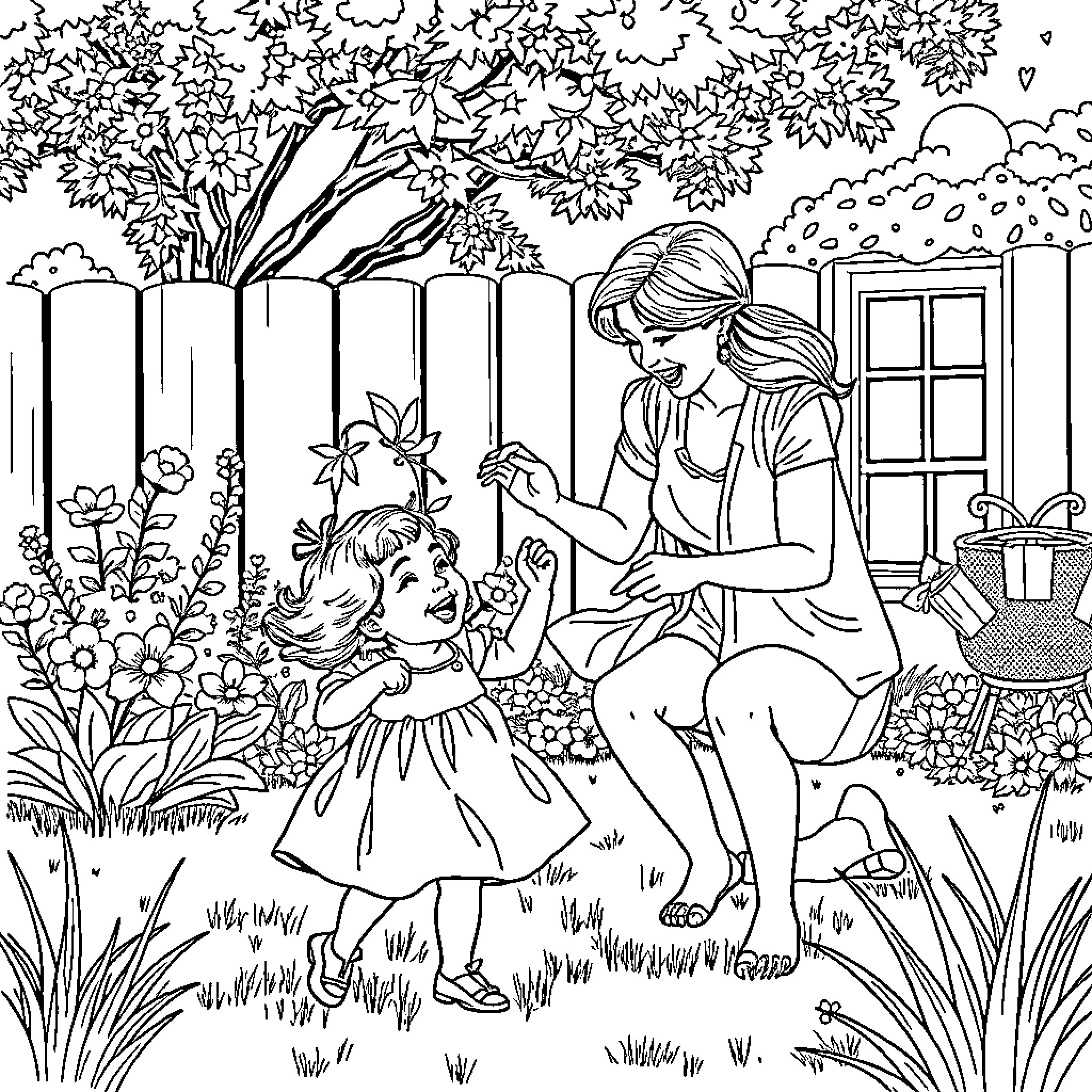 Mom and Child Exploring Nature Together Coloring Page (free black-and-white line drawing printable PDF for all, from beginners to advanced learners, including children, teens, adults, and seniors)