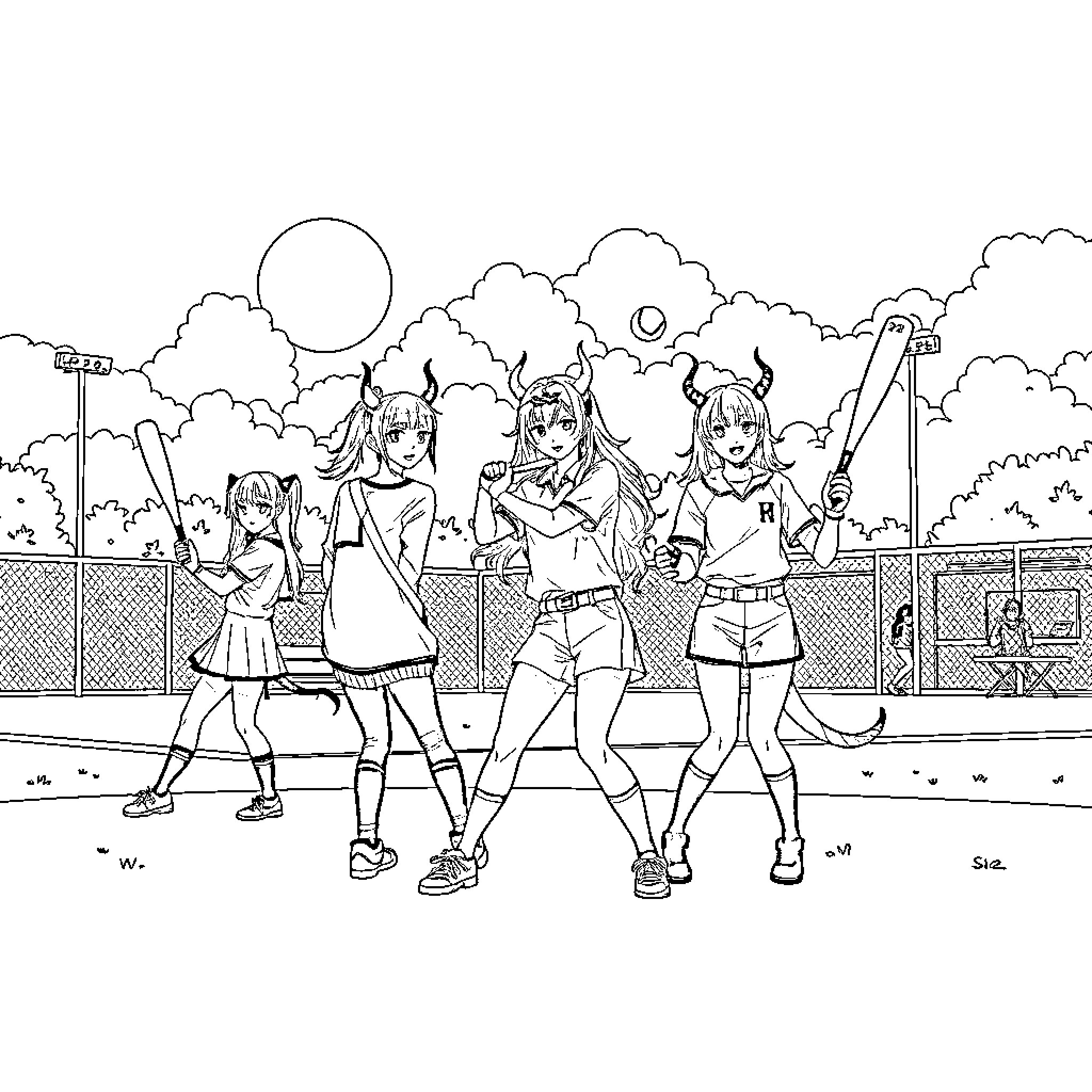 Kpop girls posing and dancing in a school setting Coloring Page (free black-and-white line drawing printable PDF for all, from beginners to advanced learners, including children, teens, adults, and seniors)