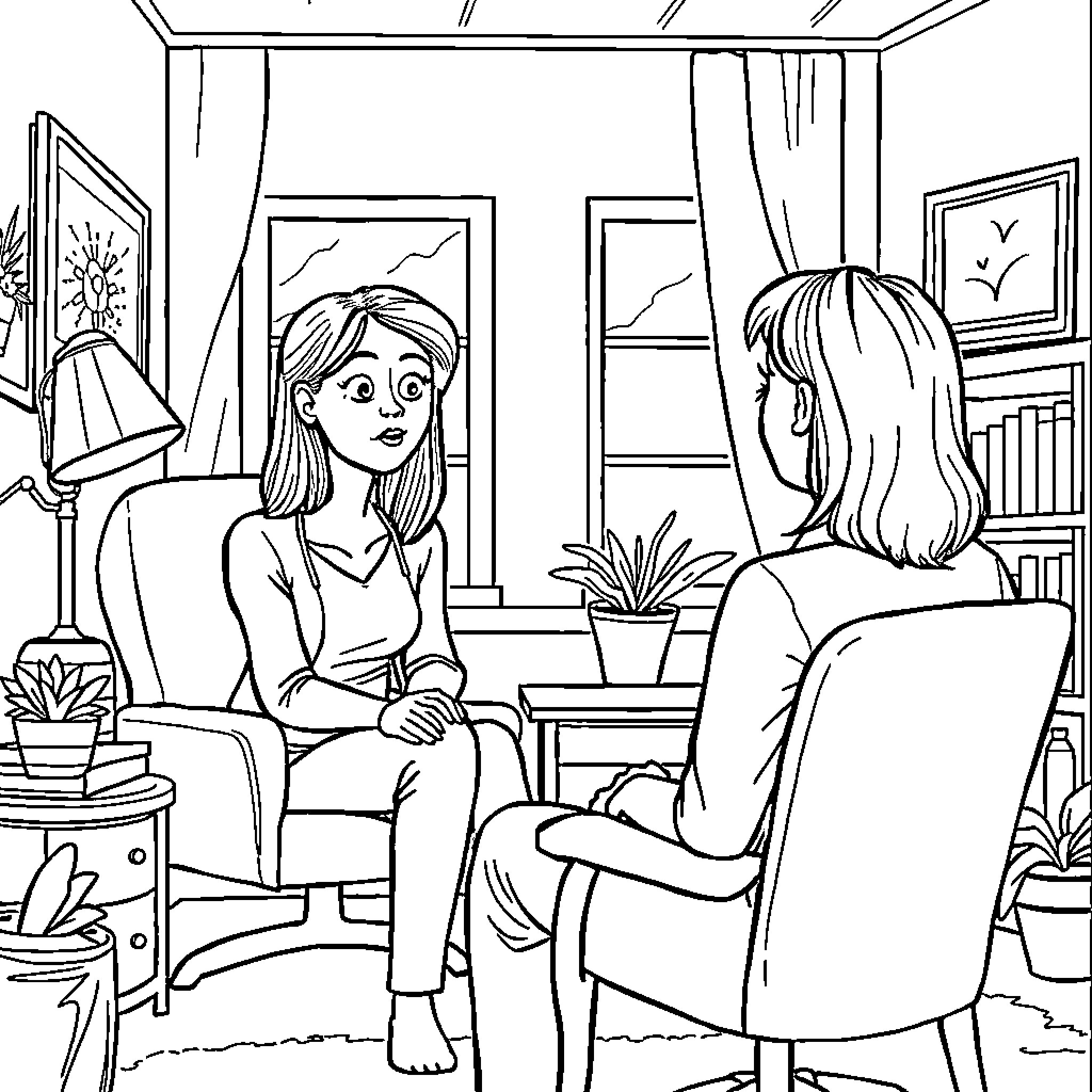 Social Worker Providing Counseling in Cozy Home Office Coloring Page (free black-and-white line drawing printable PDF for all, from beginners to advanced learners, including children, teens, adults, and seniors)