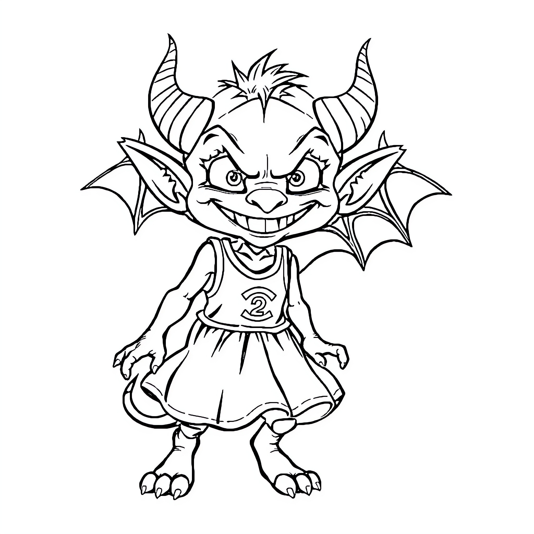 Demon Creature with Horns and Bat Wings Coloring Page (free black-and-white line drawing printable PDF for all, from beginners to advanced learners, including children, teens, adults, and seniors)